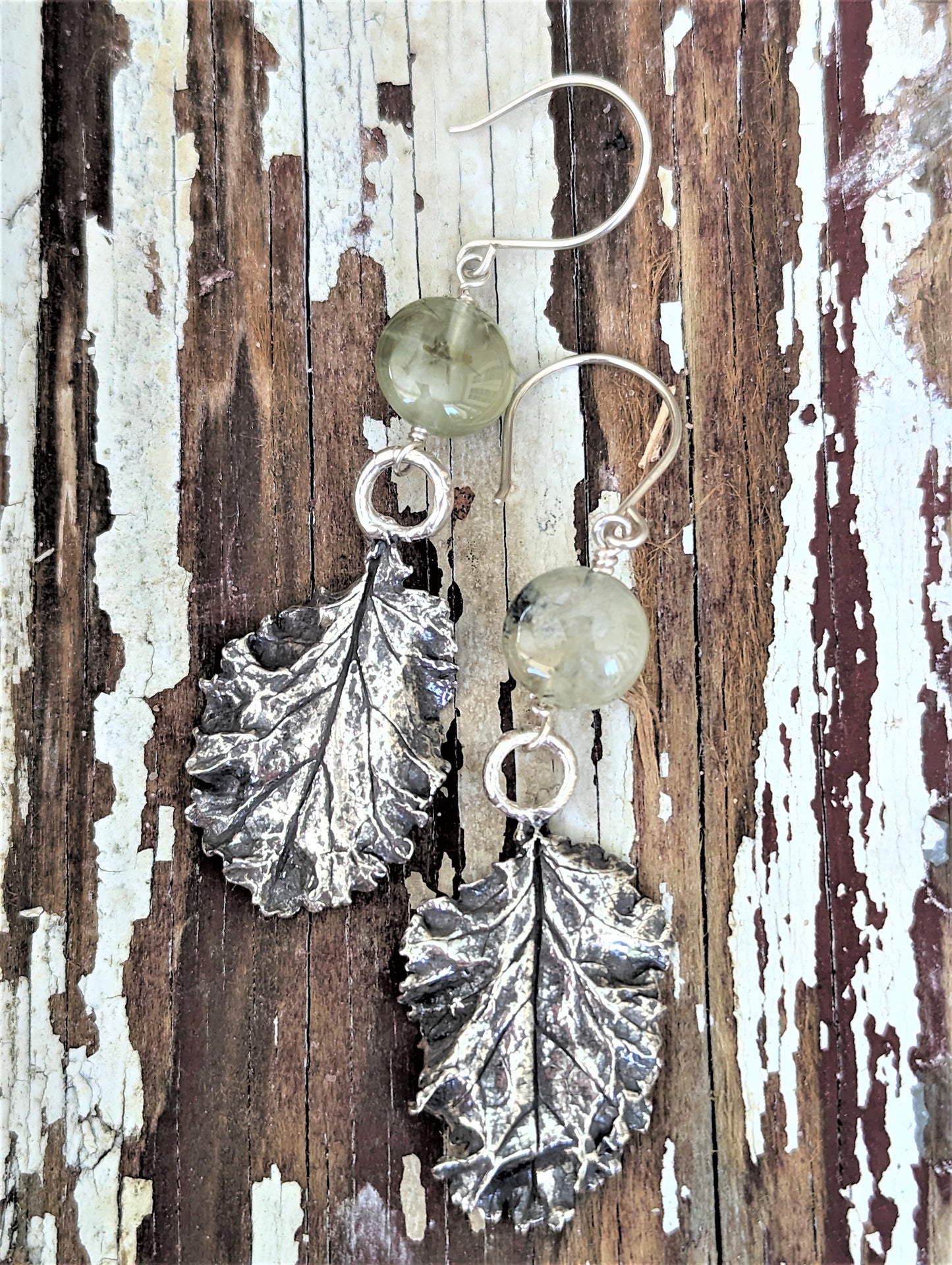 Silver Baby Curly Kale Leaf with Moss Agate Dangle Earrings