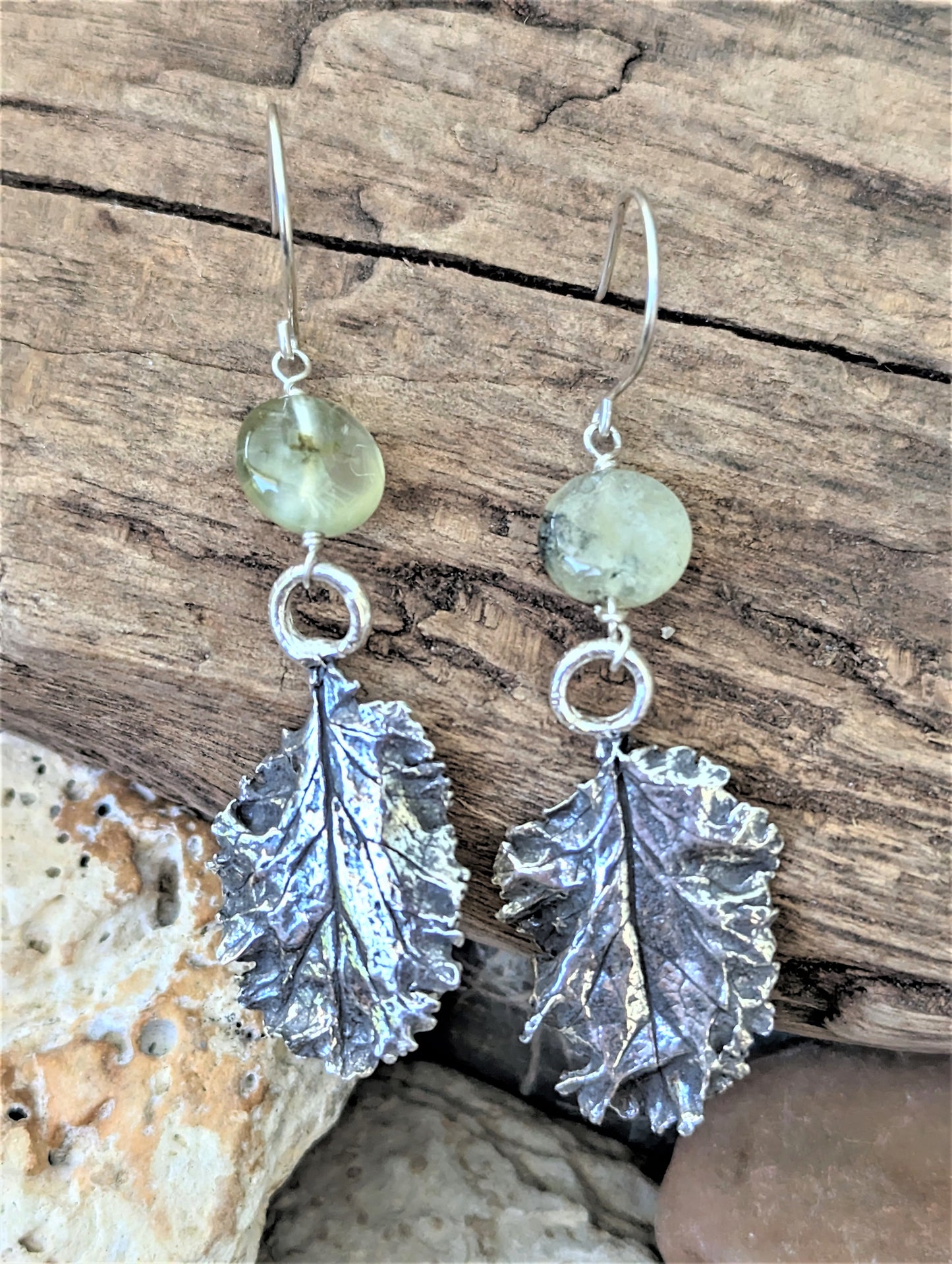 Silver Baby Curly Kale Leaf with Moss Agate Dangle Earrings
