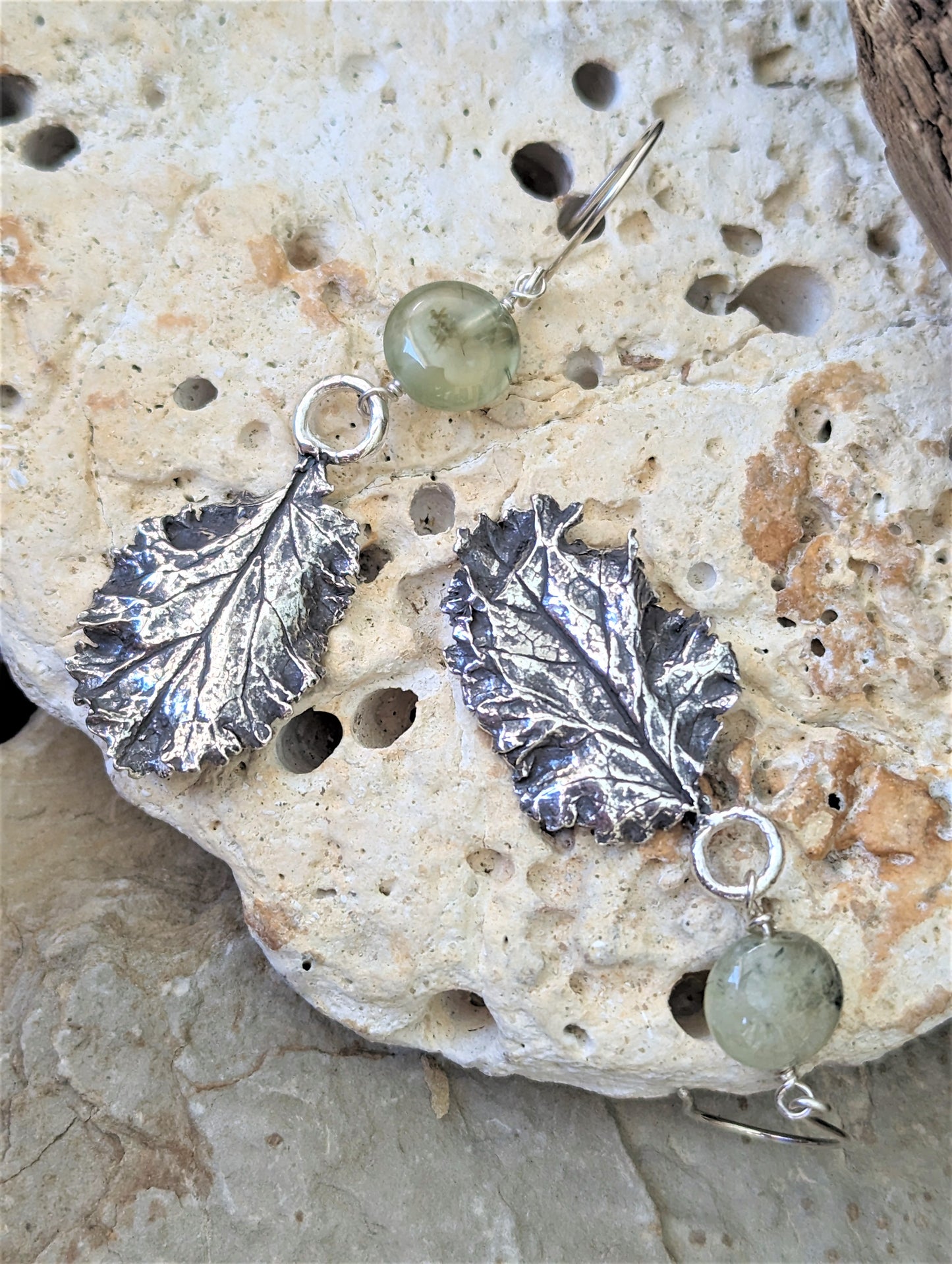 Silver Baby Curly Kale Leaf with Moss Agate Dangle Earrings