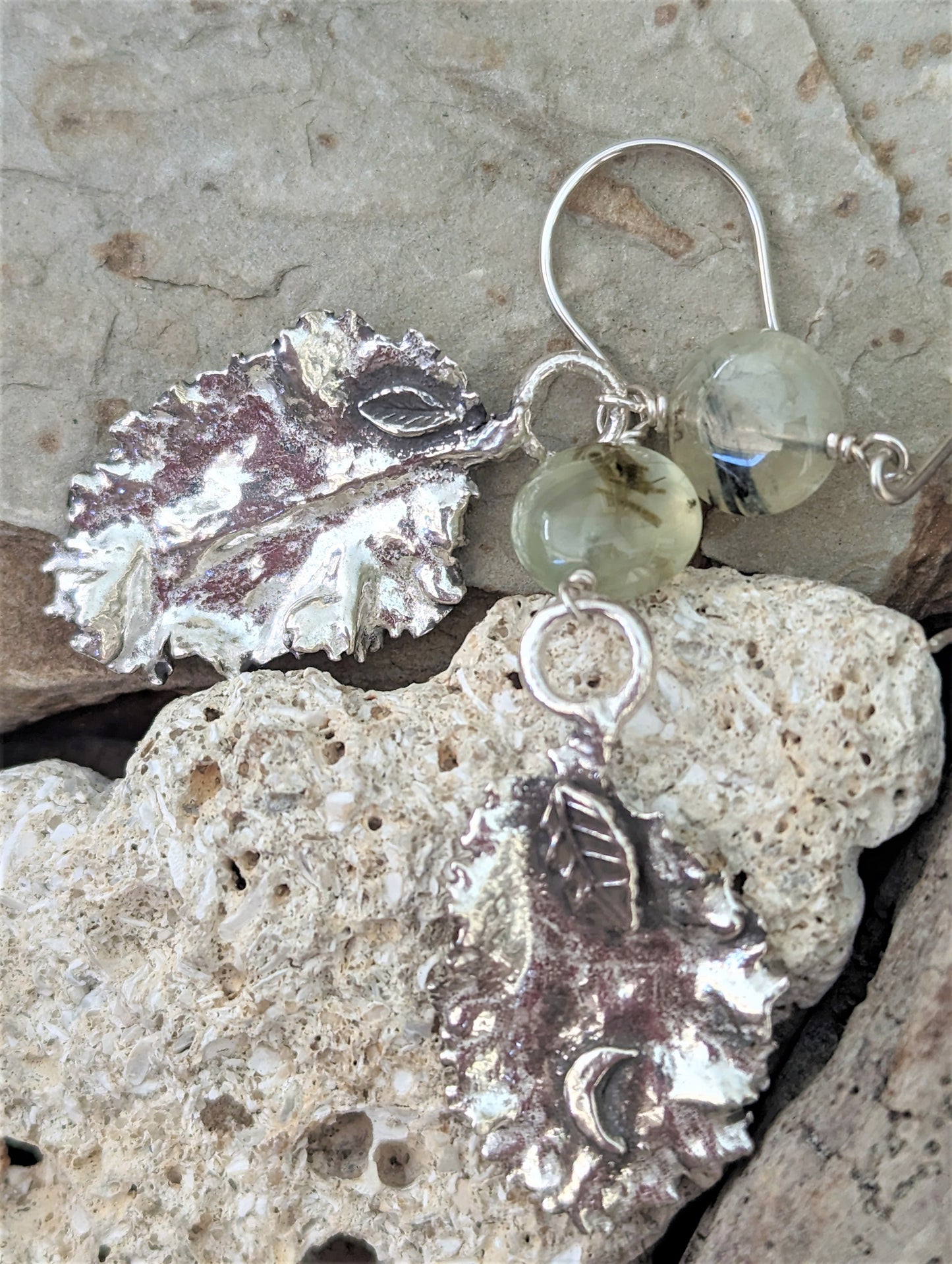 Silver Baby Curly Kale Leaf with Moss Agate Dangle Earrings
