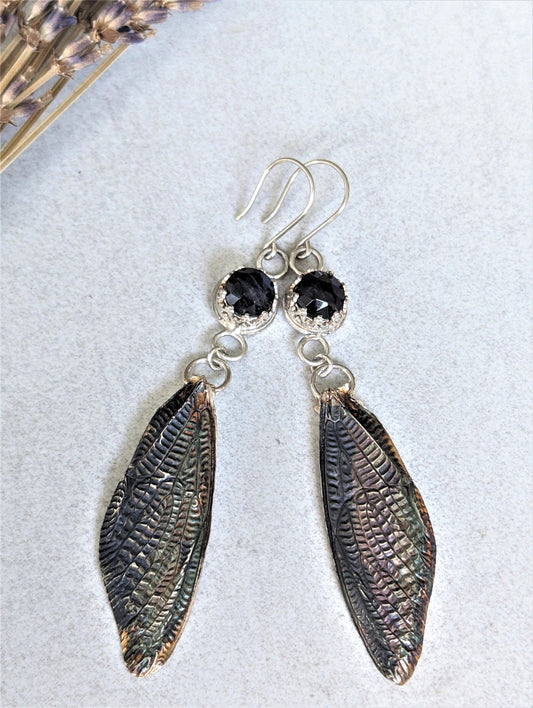 Silver Cicada Wing Long Dangle Pierced Earrings with Blue Labradorite, Eco-Friendly Bohemian