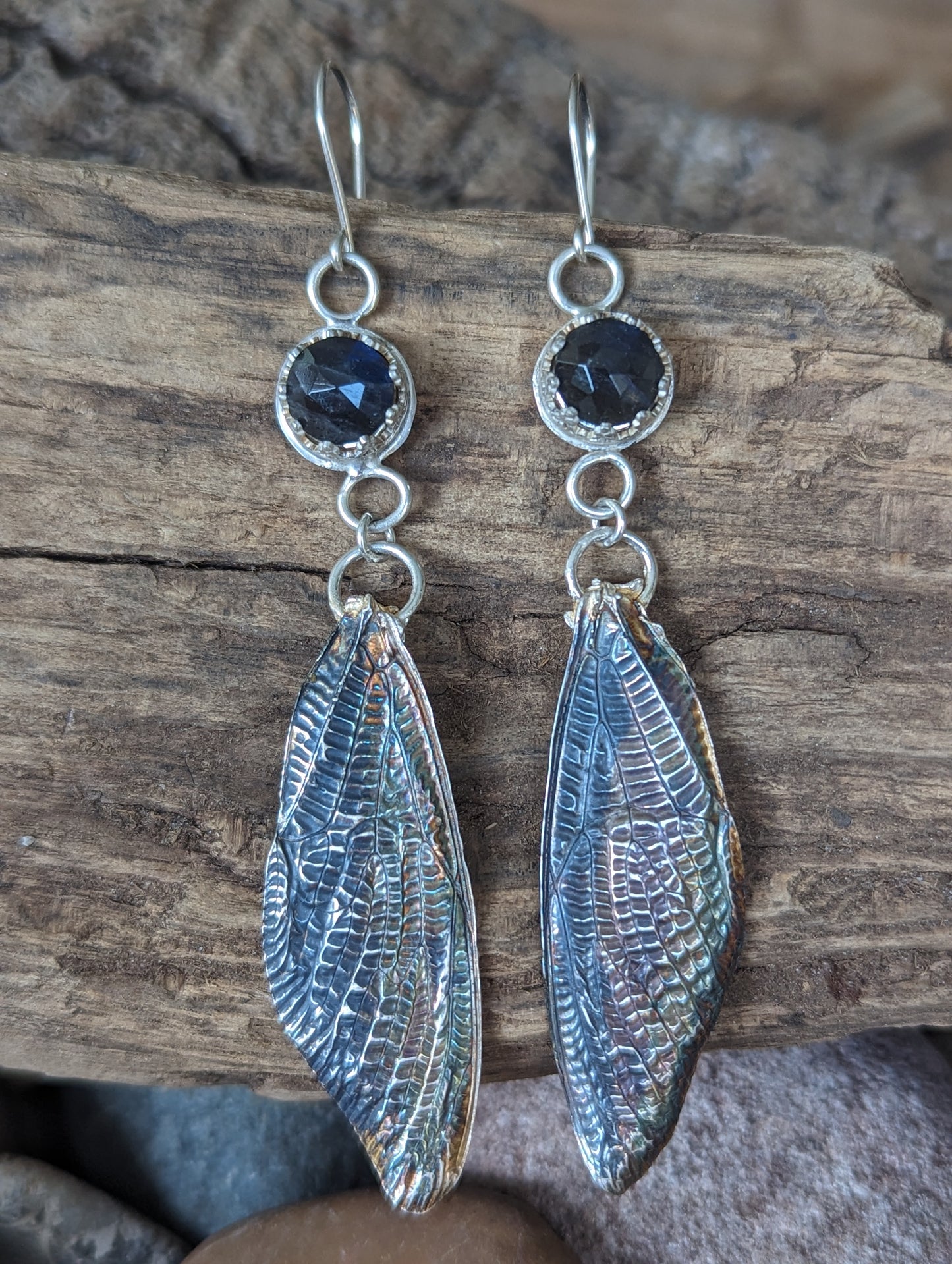 Silver Cicada Wing Long Dangle Pierced Earrings with Blue Labradorite, Eco-Friendly Bohemian