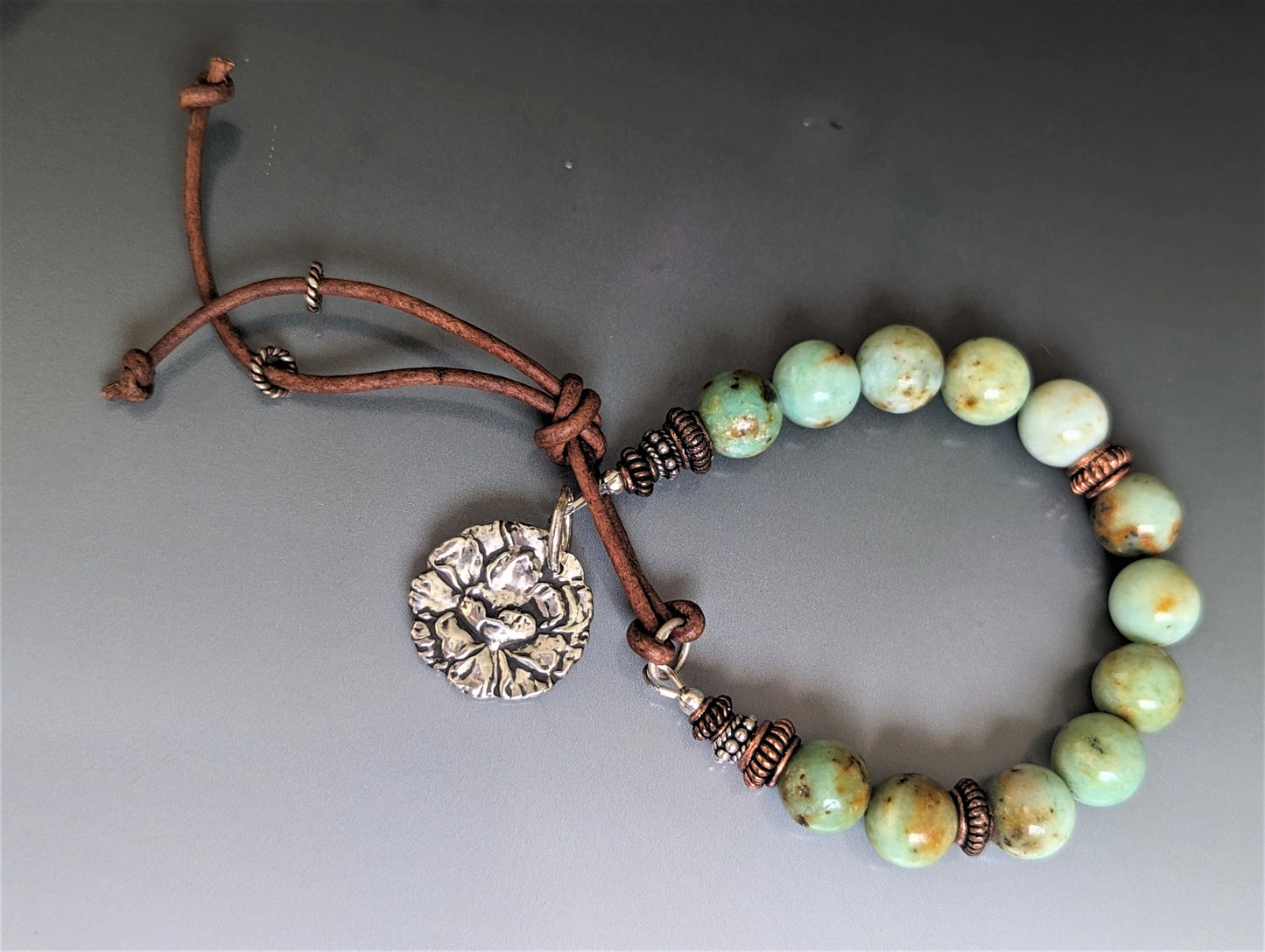 Green Peruvian Chrysoprase Bracelet with Silver Flower and Leather Closure, Boho Unisex Eco-Friendly Gemstone Bracelet