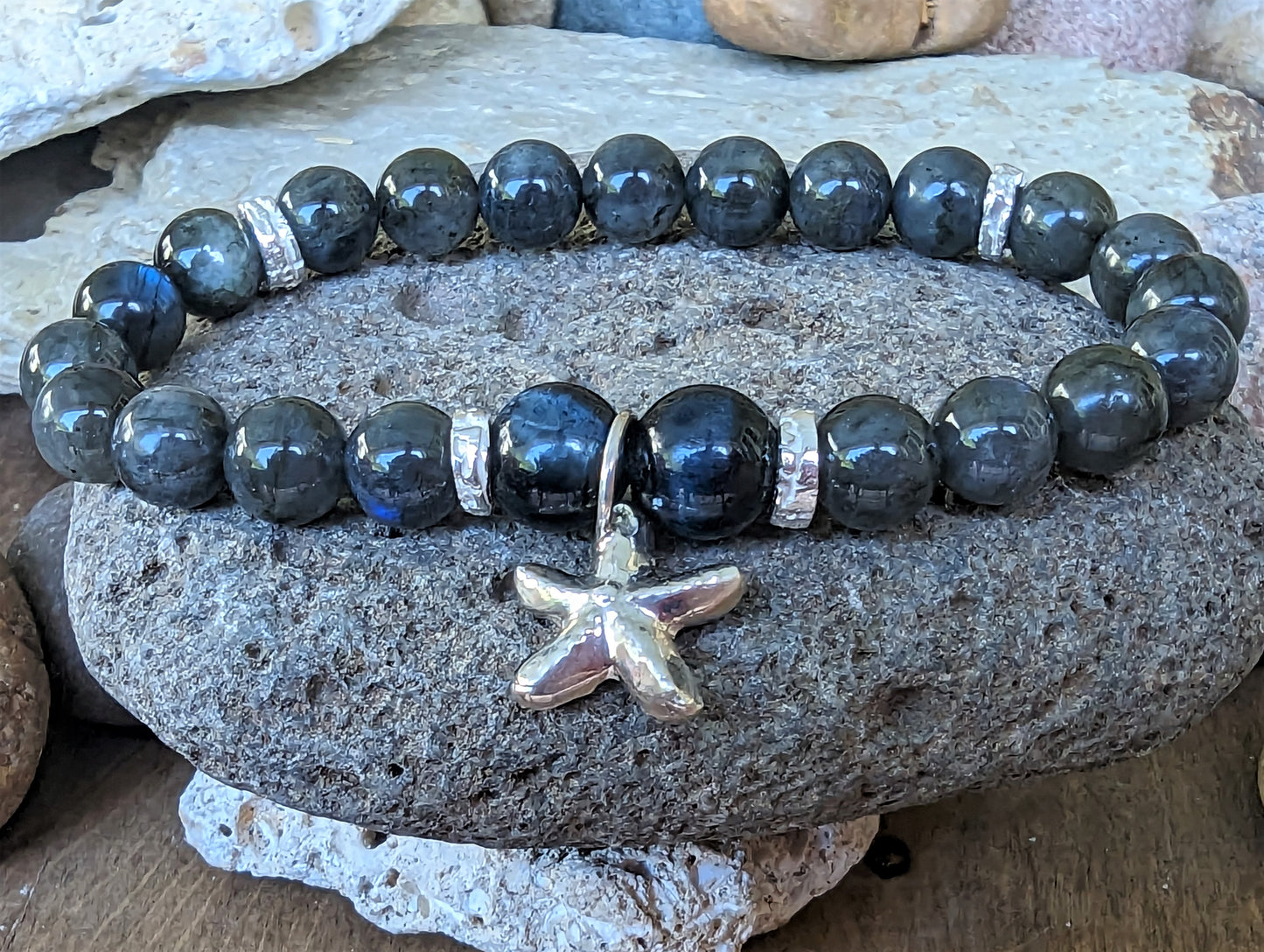 Beautiful Blue Labradorite and Blue Tigers Eye with Silver Starfish Bracelet, Eco-Friendly Bohemian Artisan Unisex Elastic Bracelet