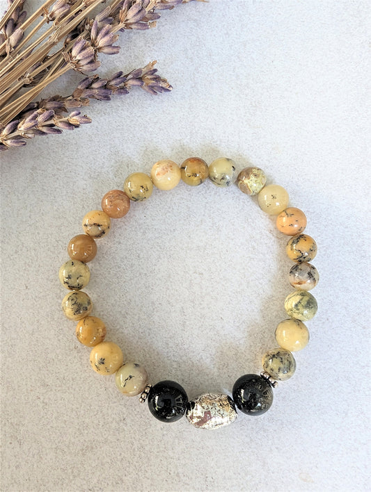 Yellow Dendritic Opal with Gold Sheen Obsidian and Silver Elastic Bracelet