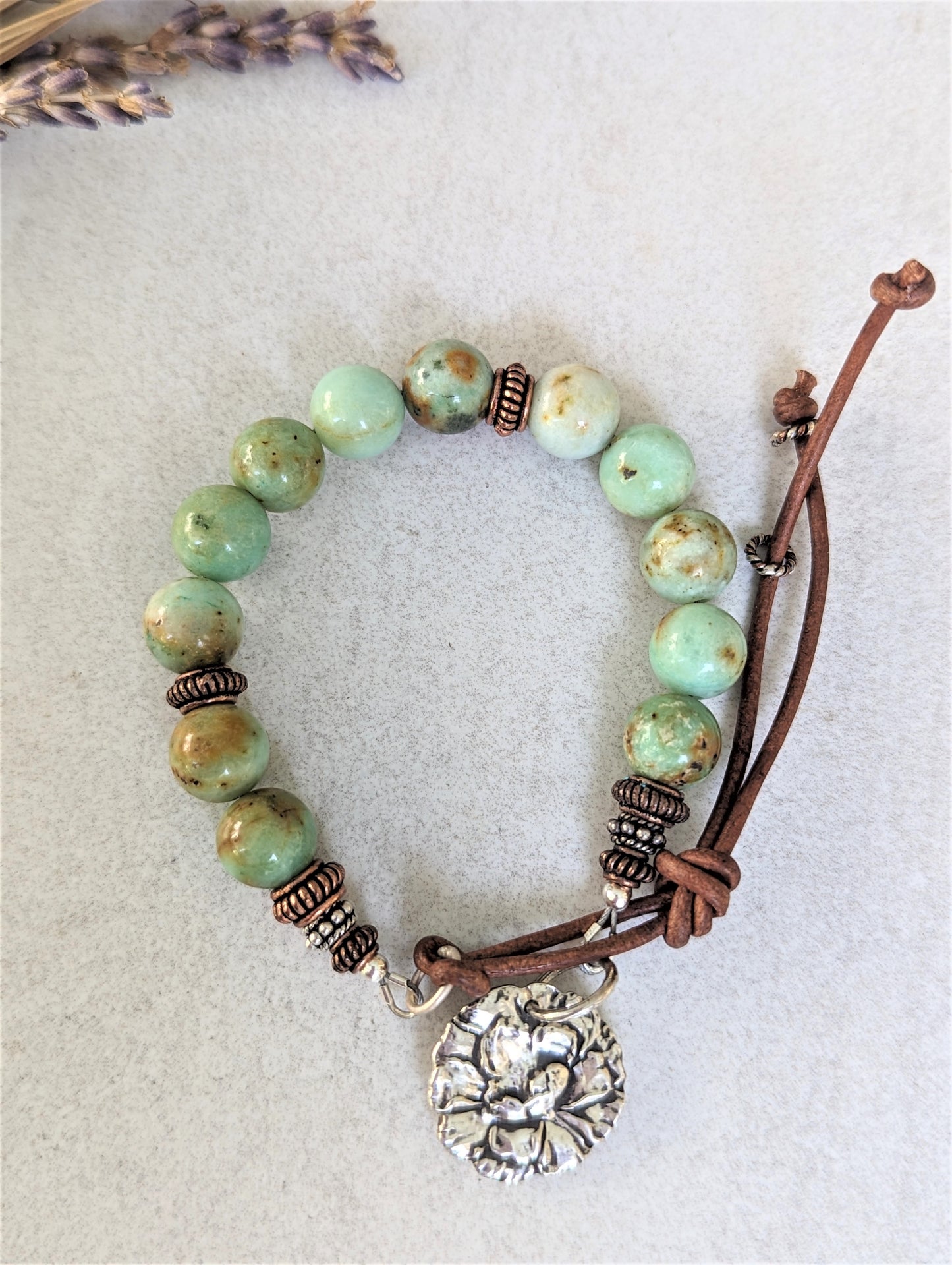 Green Peruvian Chrysoprase Bracelet with Silver Flower and Leather Closure, Boho Unisex Eco-Friendly Gemstone Bracelet