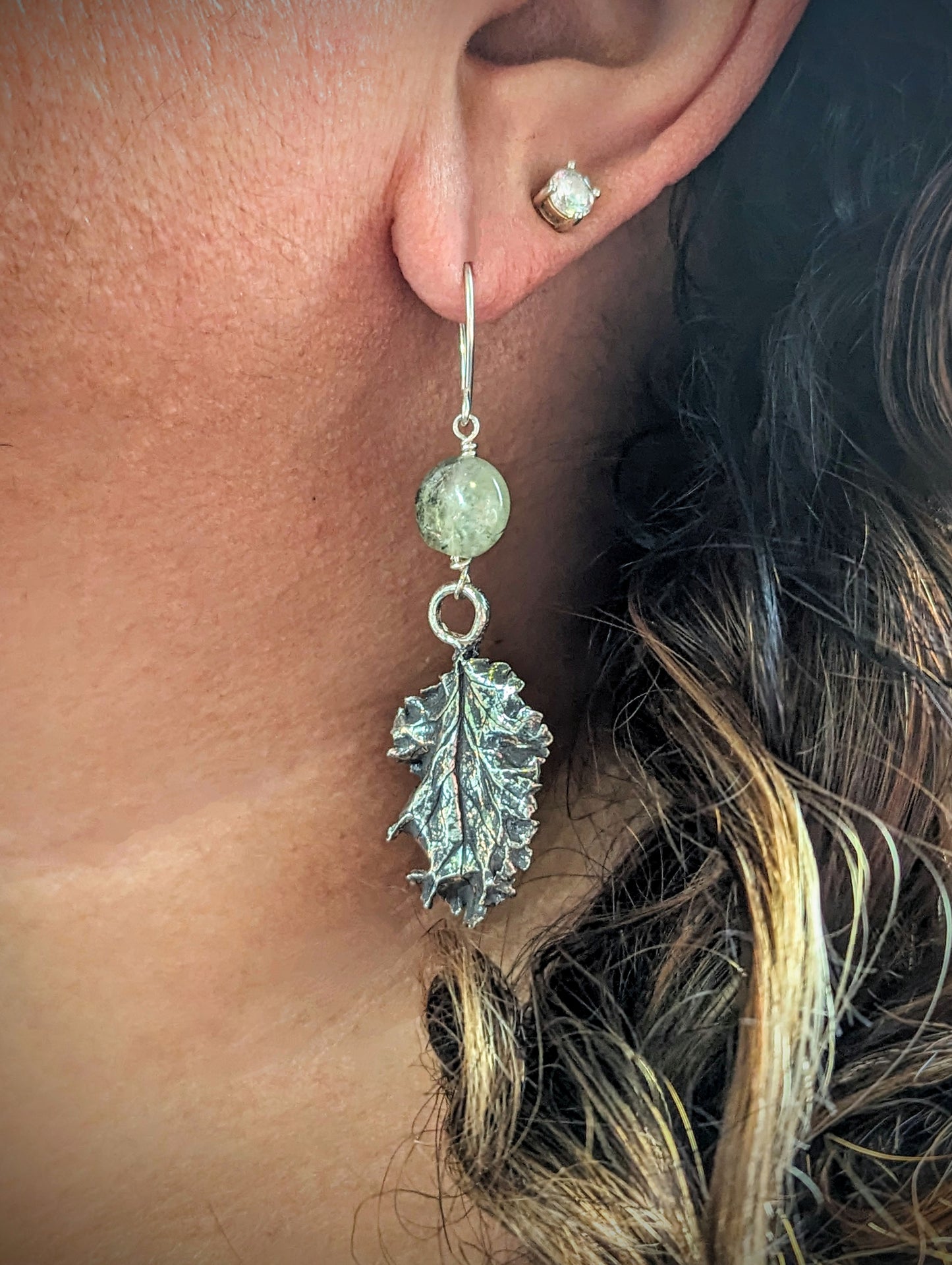 Silver Baby Curly Kale Leaf with Moss Agate Dangle Earrings