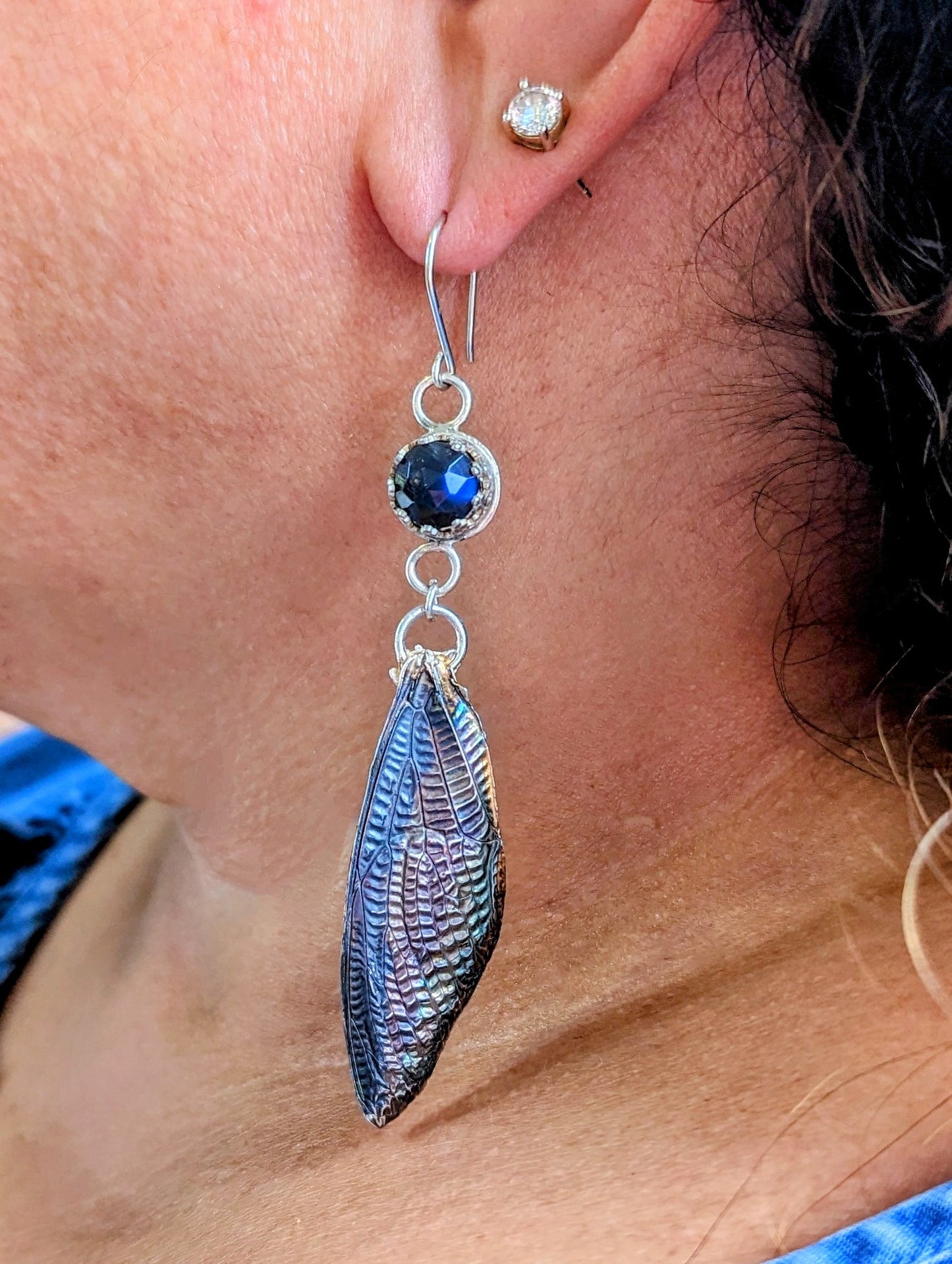 Silver Cicada Wing Long Dangle Pierced Earrings with Blue Labradorite, Eco-Friendly Bohemian