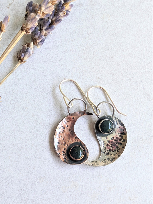 Yin Yang Copper and Silver Dangle Earrings, Artisan Boho Mixed Metal Pierced Earrings