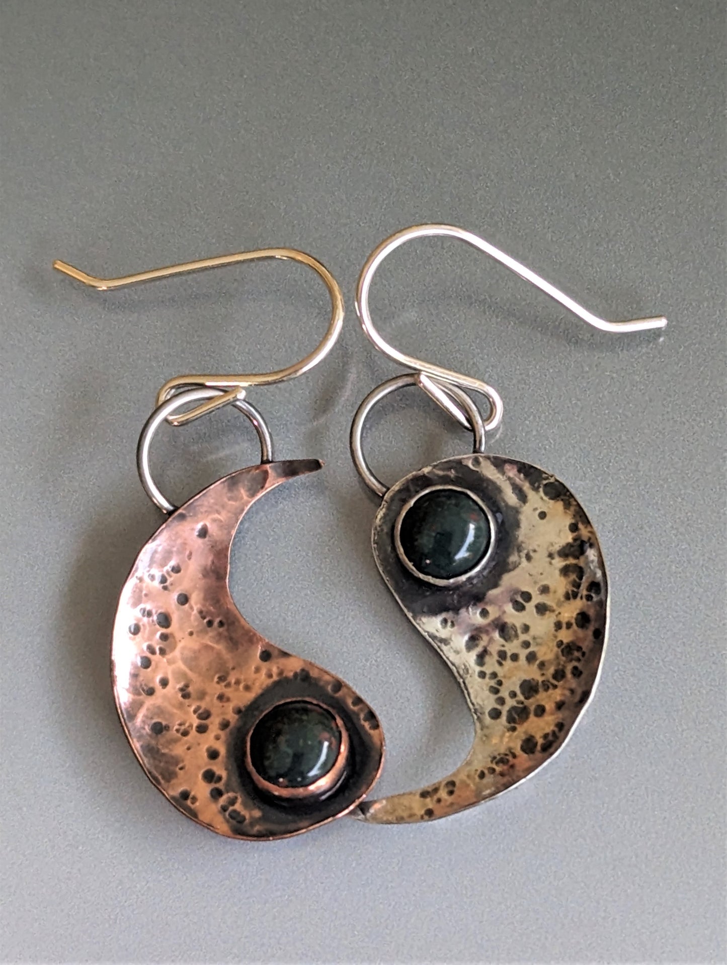 Yin Yang Copper and Silver Dangle Earrings, Artisan Boho Mixed Metal Pierced Earrings