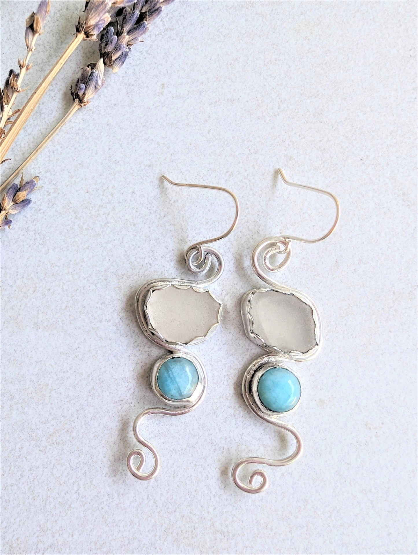 Dramatic Swirly White Beach Glass and Amazonite in Silver Long Dangle Earrings