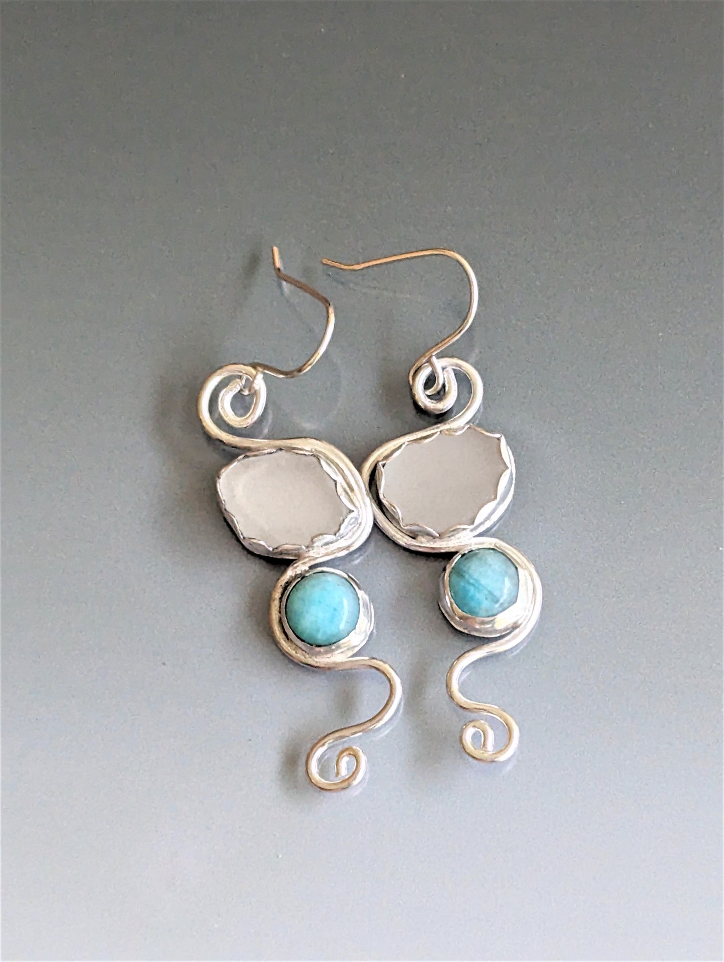 Dramatic Swirly White Beach Glass and Amazonite in Silver Long Dangle Earrings