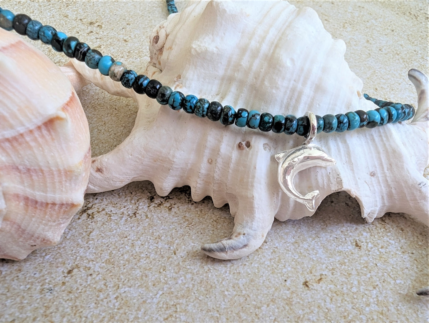 Dainty Silver Dolphin Charm on Blue Turquoise Necklace, Eco-Friendly Artisan Beach Jewelry