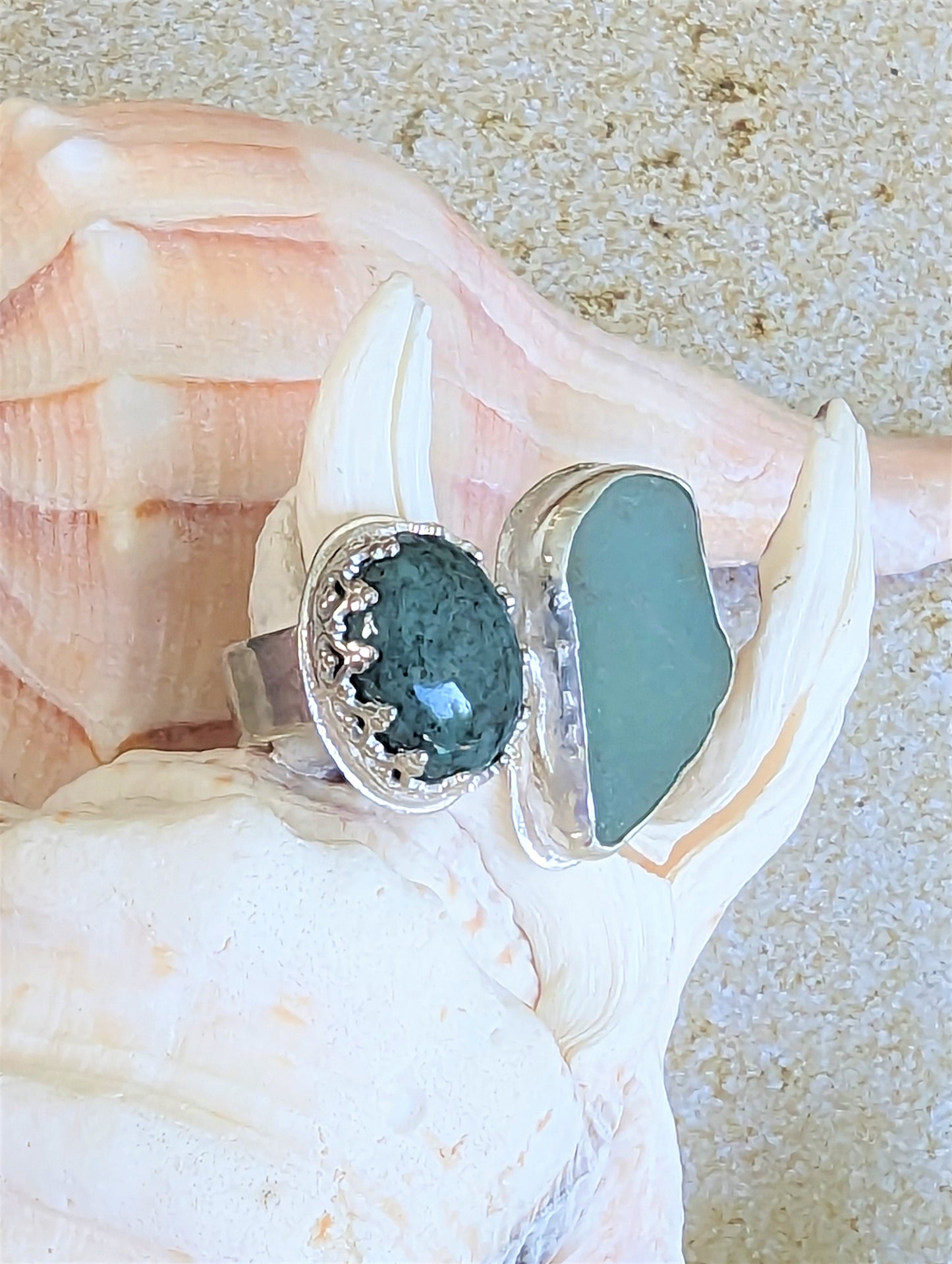 Beach Glass and Jade in Silver Open Ring, Double Green Stone Silver Cuff Ring