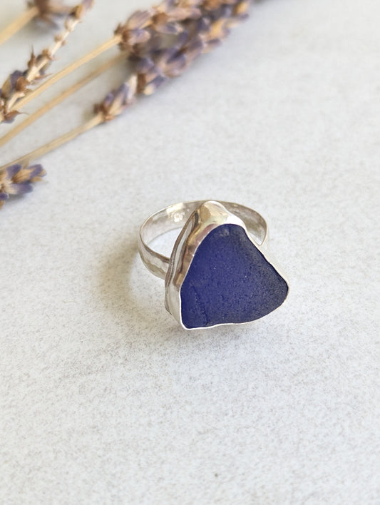 Deep Blue Sea Glass in Sterling Silver Ring, Boho Artisan Beach Glass Ring