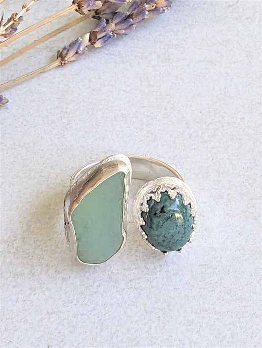 Beach Glass and Jade in Silver Open Ring, Double Green Stone Silver Cuff Ring