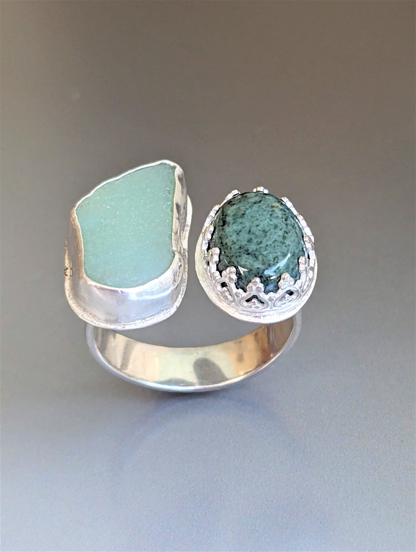 Beach Glass and Jade in Silver Open Ring, Double Green Stone Silver Cuff Ring