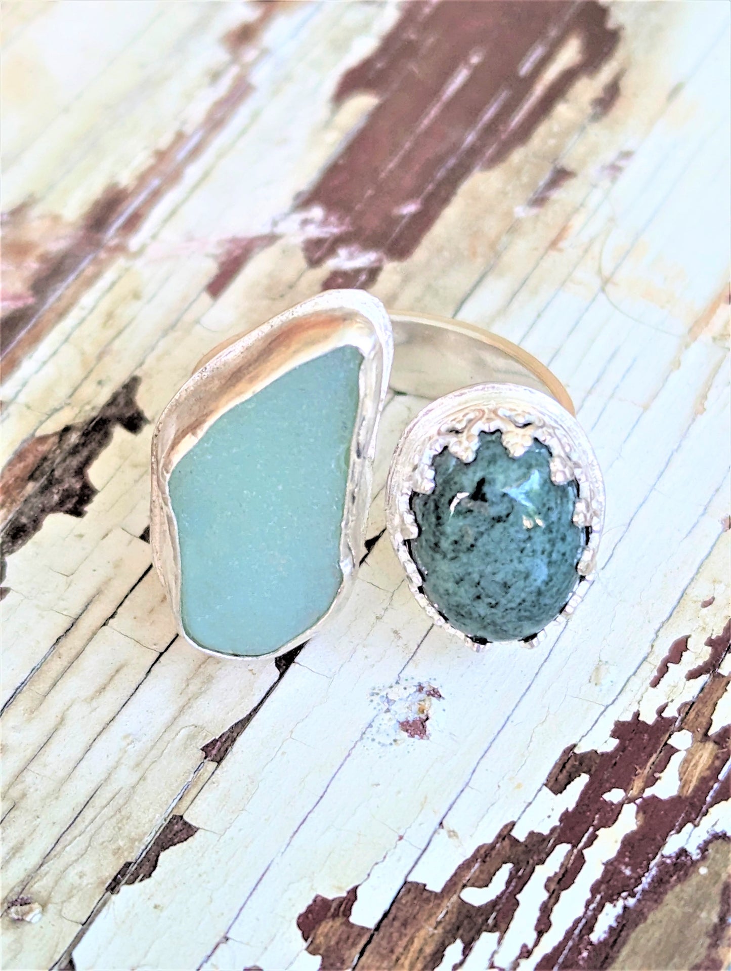 Beach Glass and Jade in Silver Open Ring, Double Green Stone Silver Cuff Ring