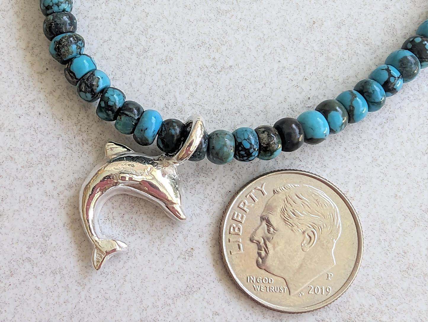 Dainty Silver Dolphin Charm on Blue Turquoise Necklace, Eco-Friendly Artisan Beach Jewelry