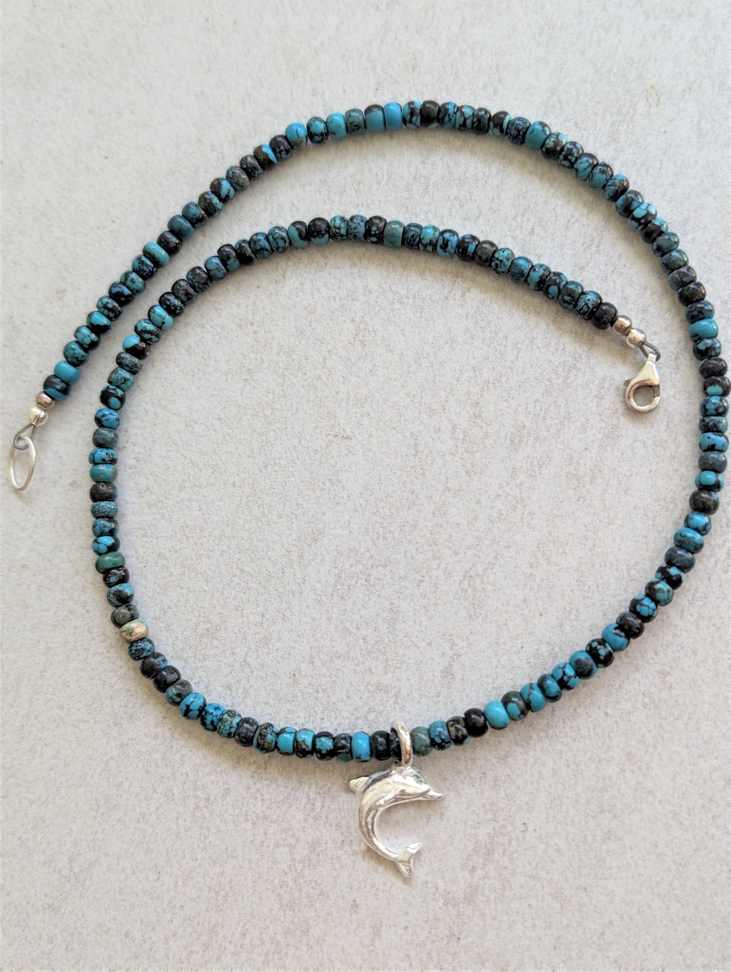 Dainty Silver Dolphin Charm on Blue Turquoise Necklace, Eco-Friendly Artisan Beach Jewelry