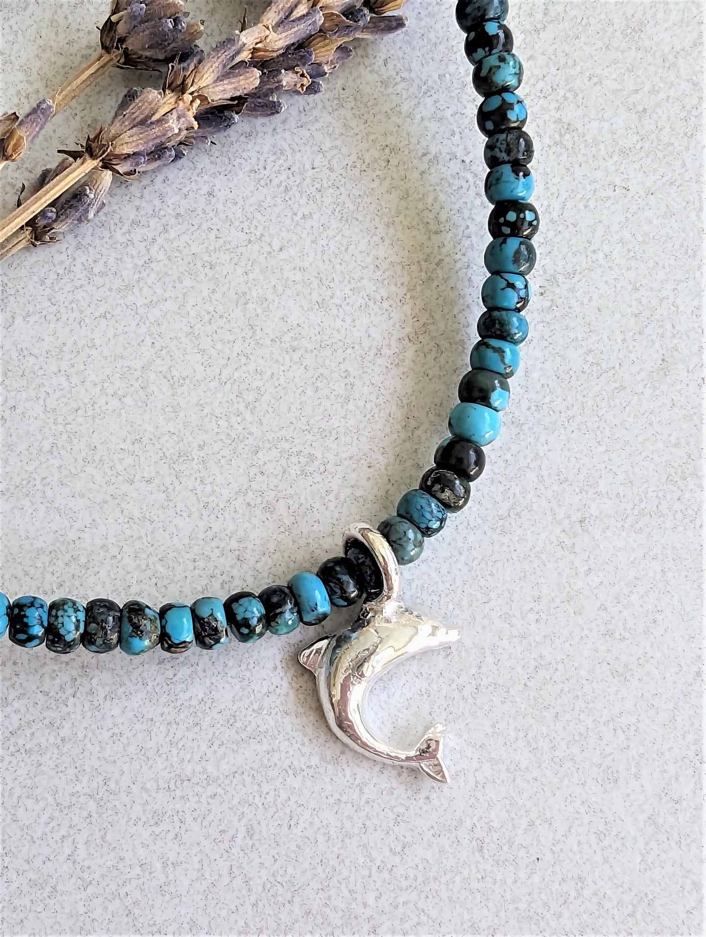 Dainty Silver Dolphin Charm on Blue Turquoise Necklace, Eco-Friendly Artisan Beach Jewelry