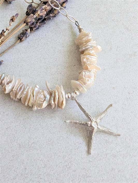 Silver Star Fish Pendant on Flake Pearl and Silver Chain Necklace, Bohemian Artisan Eco-Friendly Beach Jewelry