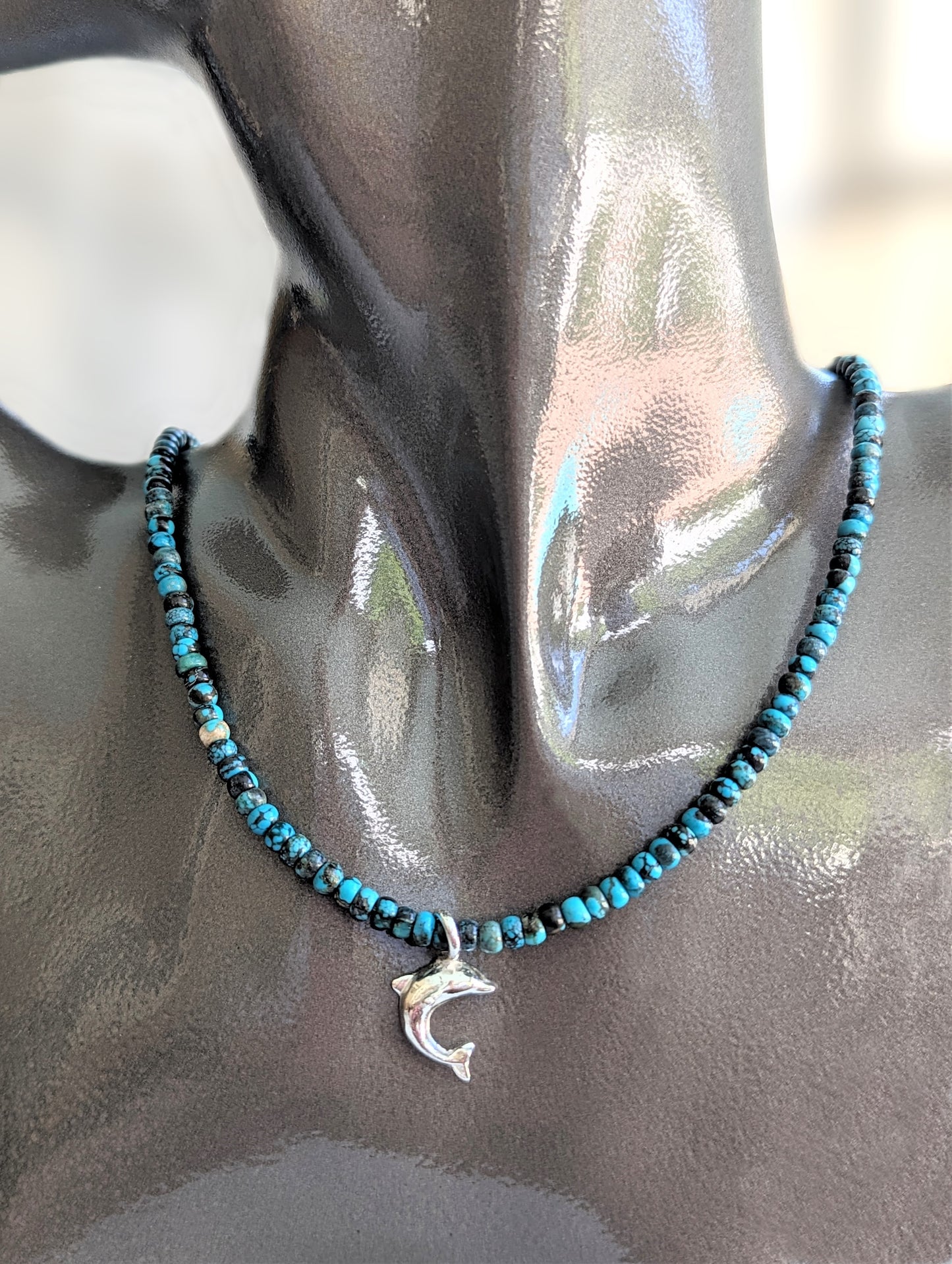 Dainty Silver Dolphin Charm on Blue Turquoise Necklace, Eco-Friendly Artisan Beach Jewelry