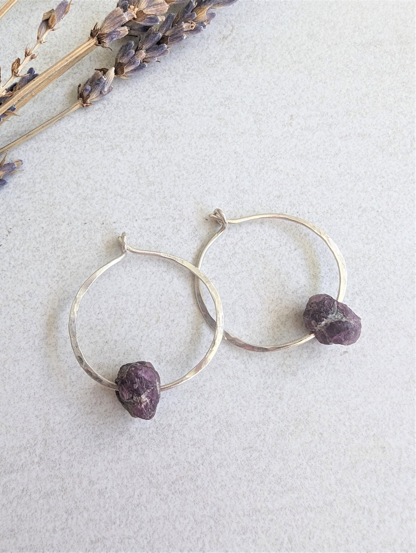 Sterling Silver Hoops with Raw Ruby Nuggets, Artisan Bohemian Gemstone Earrings