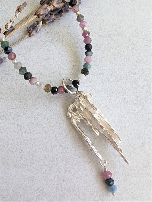 Silver Icicles Pendant on Rainbow Tourmaline Necklace, Artisan Abstract Drippy Silver Bohemian Necklace