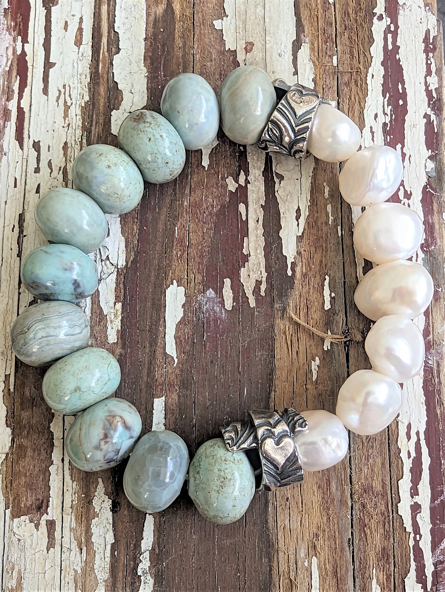 Agate and Pearl Chunky Beachy Bracelet, Artisan Bohemian Elastic Gemstone Bracelet