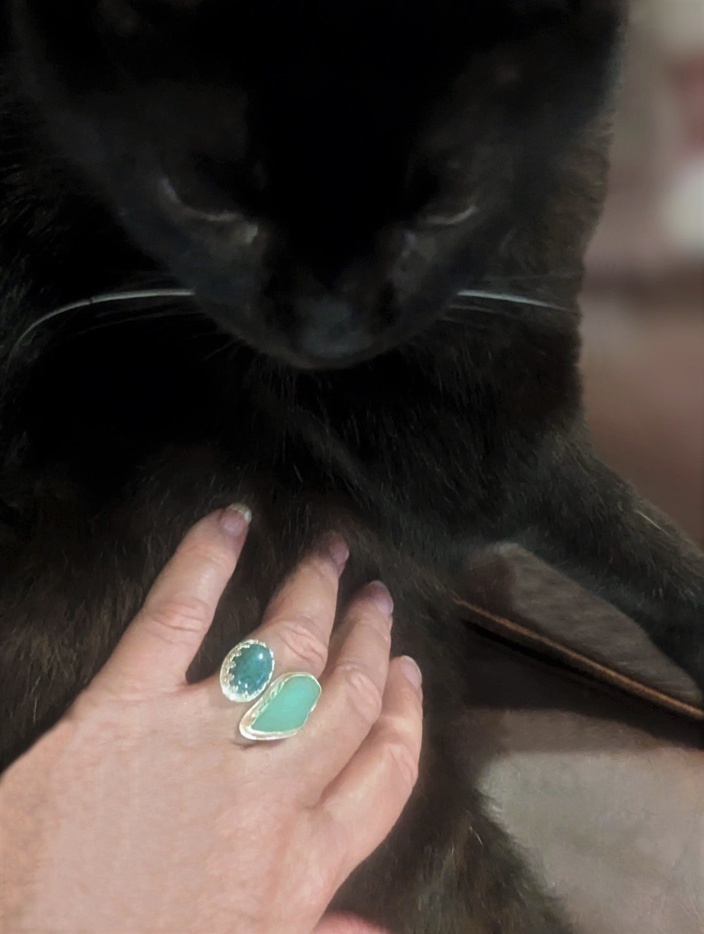 Beach Glass and Jade in Silver Open Ring, Double Green Stone Silver Cuff Ring