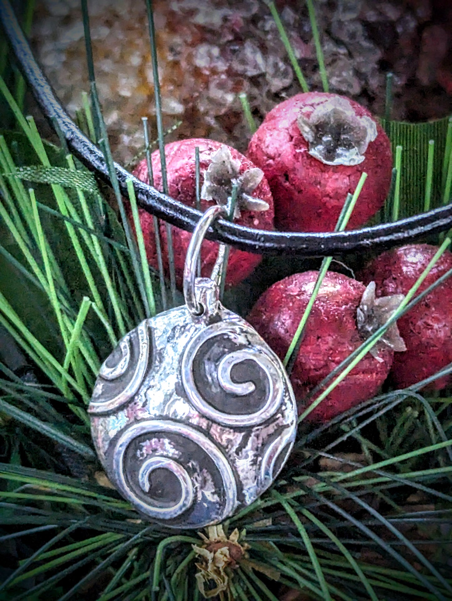 Silver Christmas Ornament Pendant on Leather Necklace