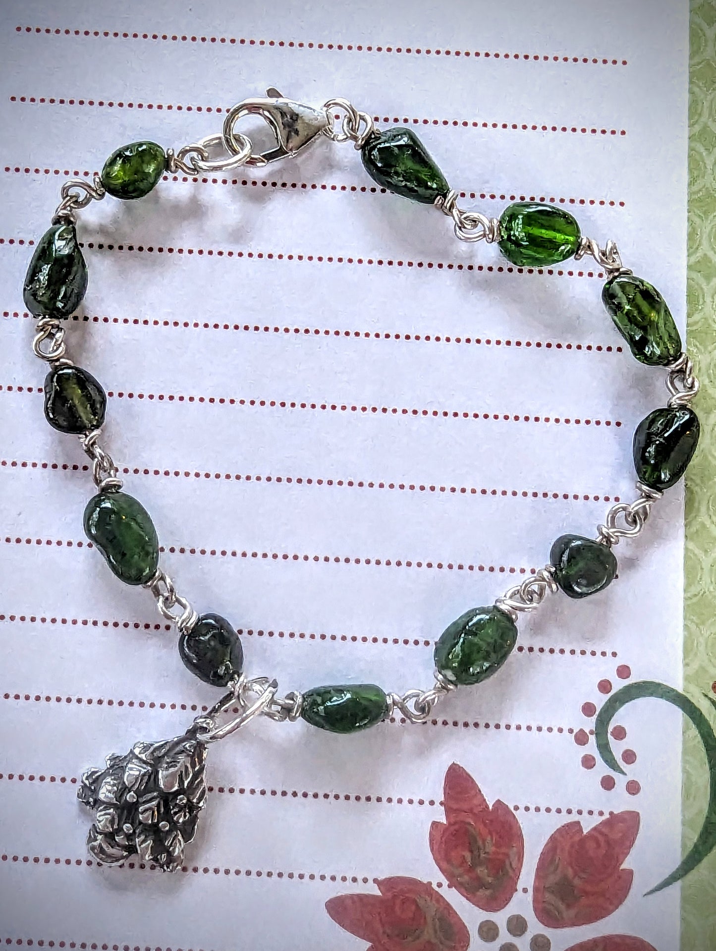 Dainty Green Gemstone Bracelet with Silver Christmas Tree Charm