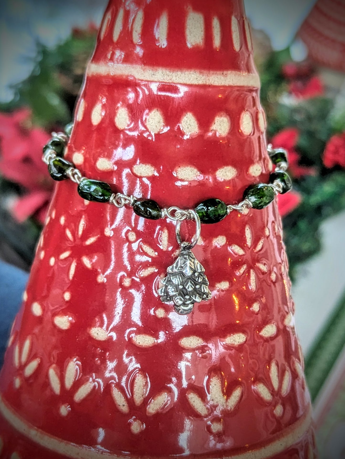 Dainty Green Gemstone Bracelet with Silver Christmas Tree Charm