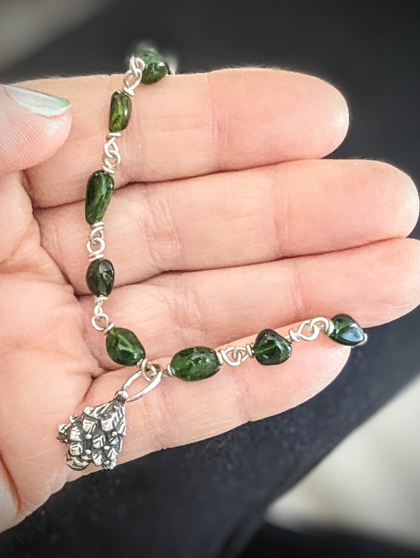 Dainty Green Gemstone Bracelet with Silver Christmas Tree Charm