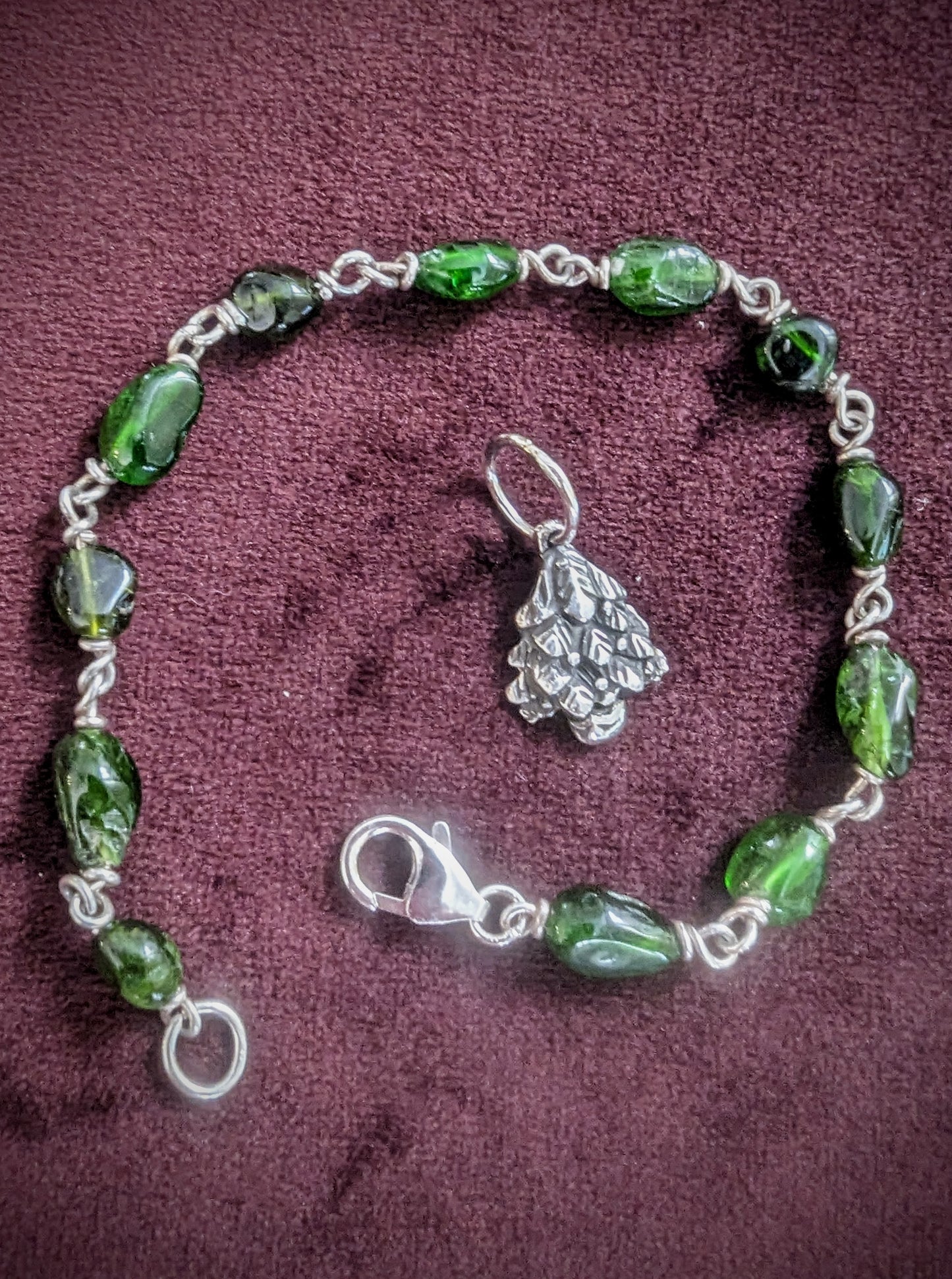 Dainty Green Gemstone Bracelet with Silver Christmas Tree Charm