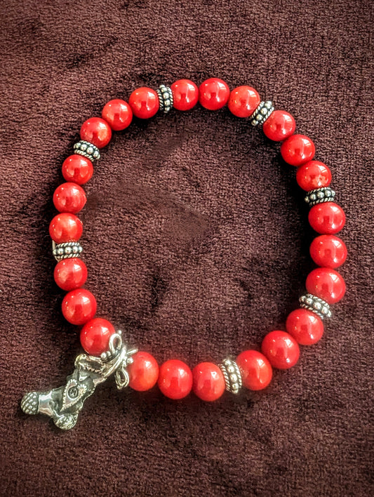 Christmas Bracelet, Red Coral and Silver Christmas Stocking Charm