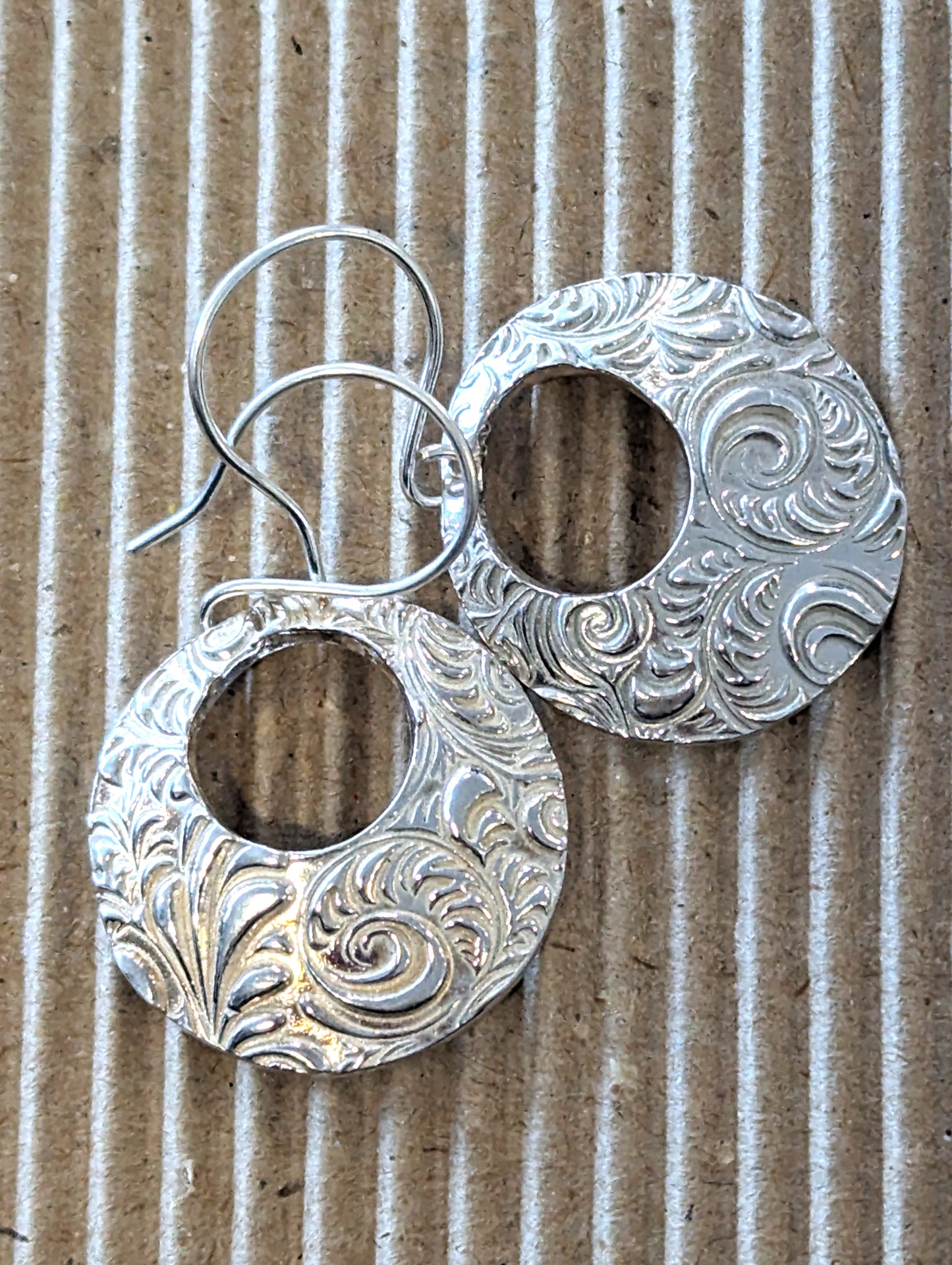 Sparkly Silver Textured Circle Dangle Eco-Friendly Earrings