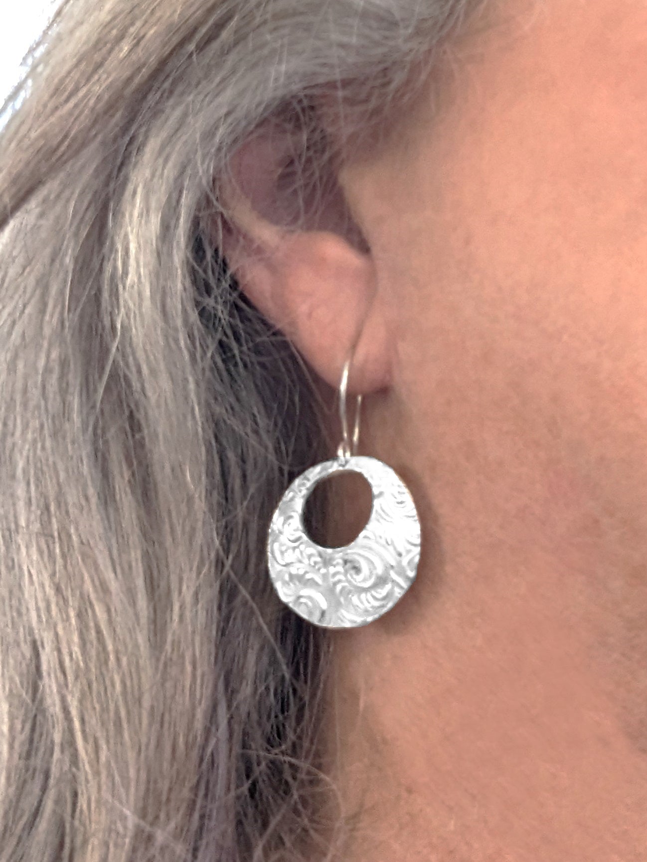 Sparkly Silver Textured Circle Dangle Eco-Friendly Earrings