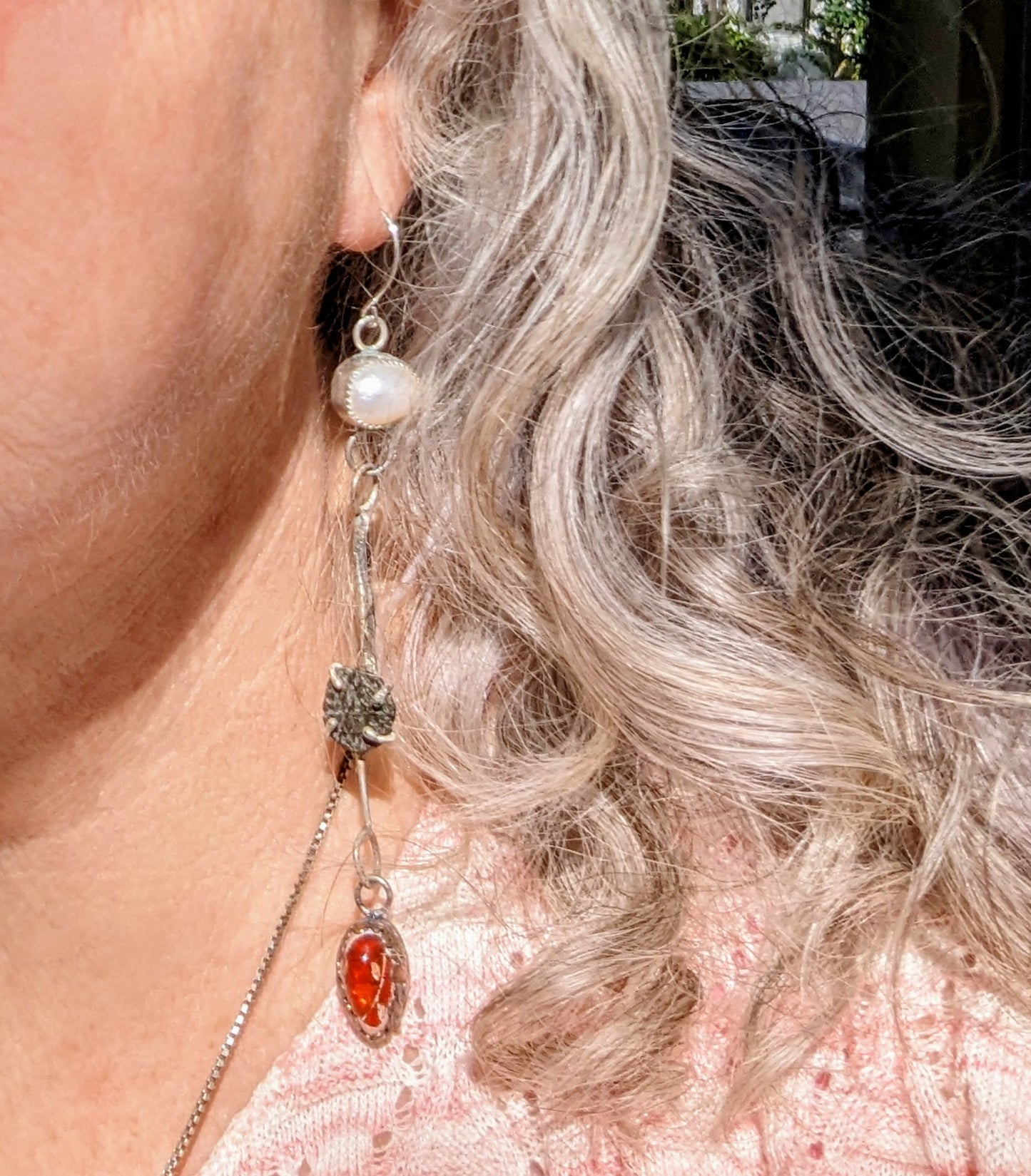 Bohemian Rustic Fused Silver, Roman Coin, Pearl and Mexican Fire Opal Dangle Earrings