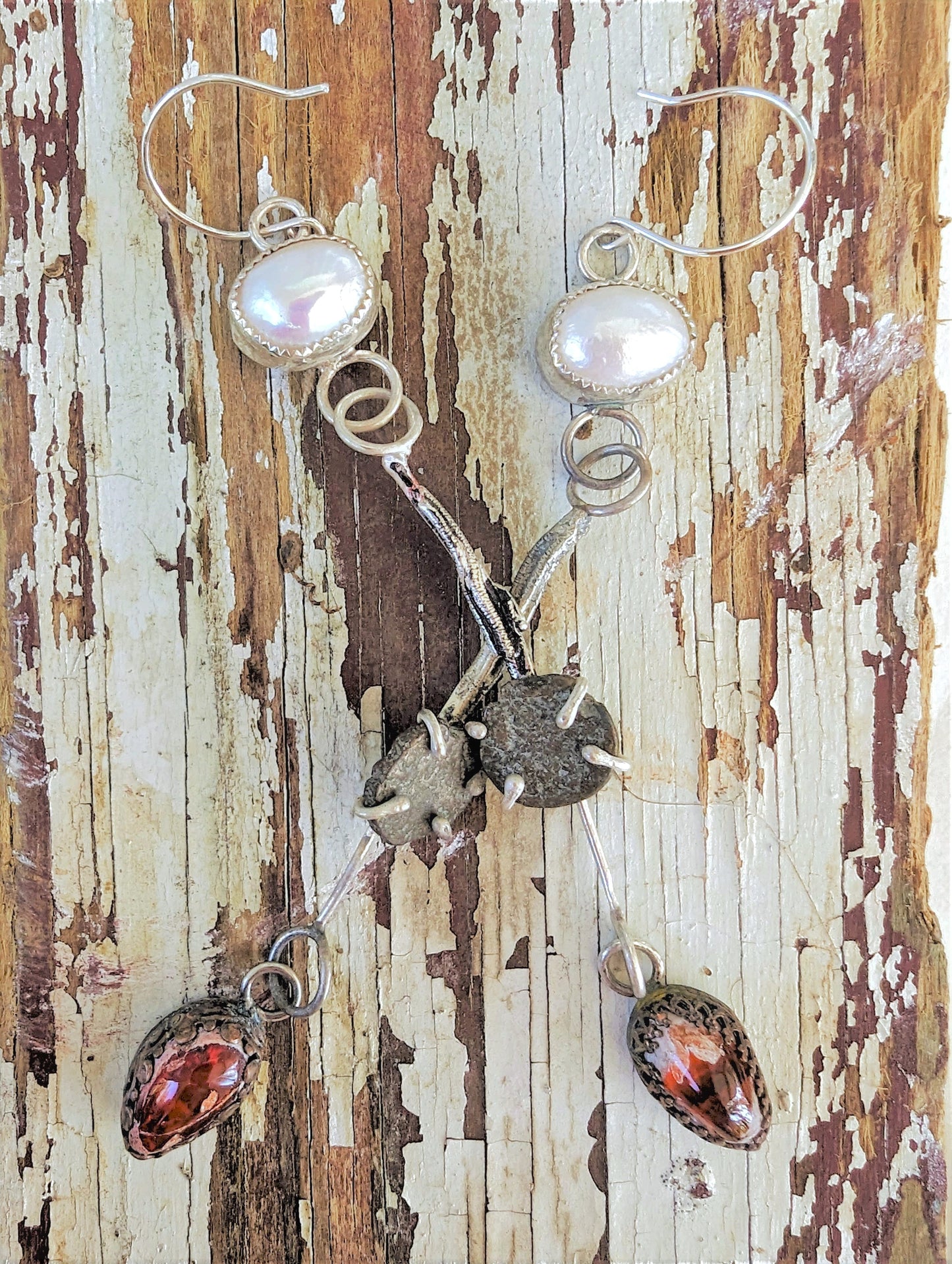 Bohemian Rustic Fused Silver, Roman Coin, Pearl and Mexican Fire Opal Dangle Earrings