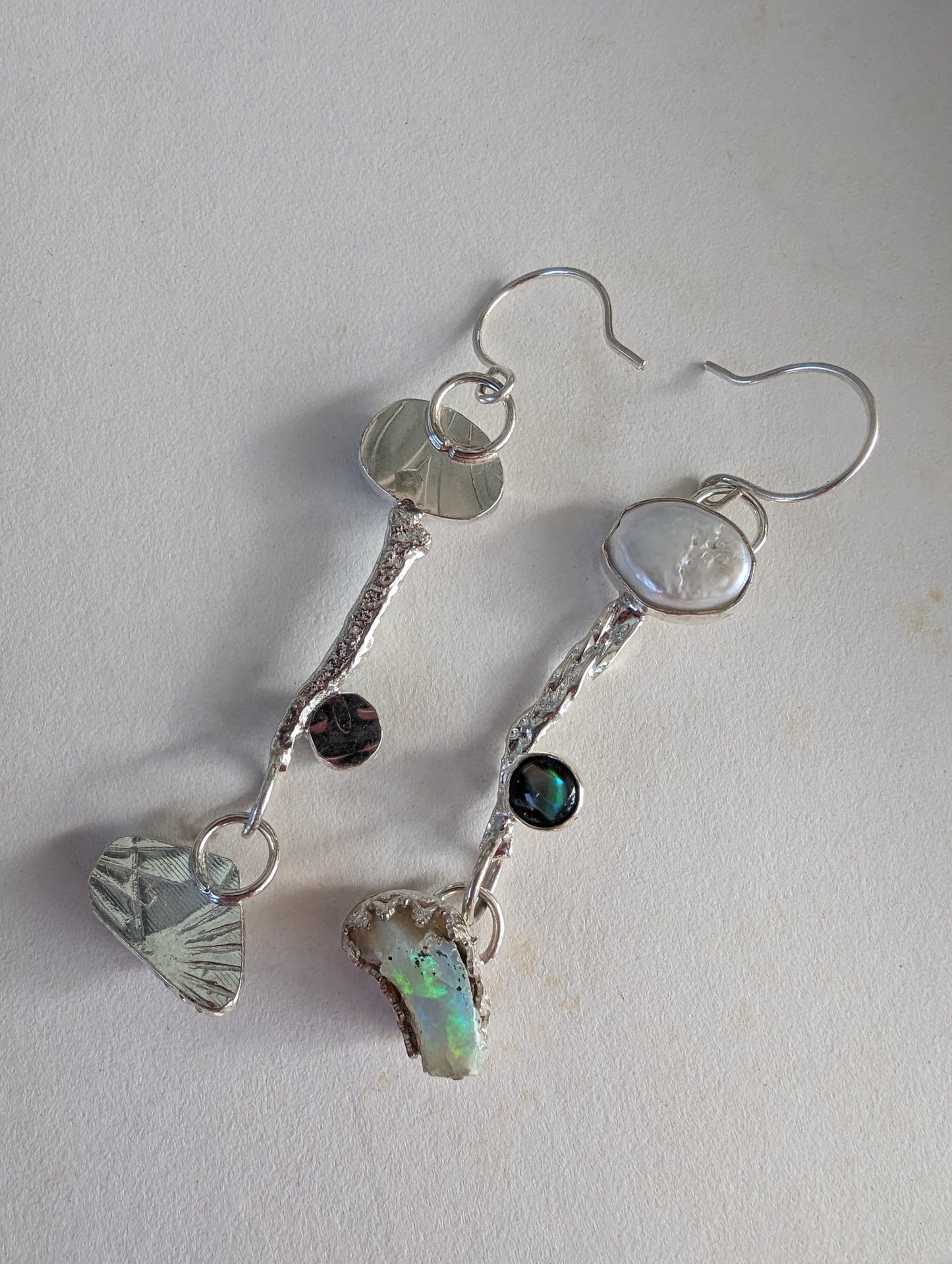 Artisan Primitive Bohemian Pearl, Abalone, Opal and Silver Dangle Earrings