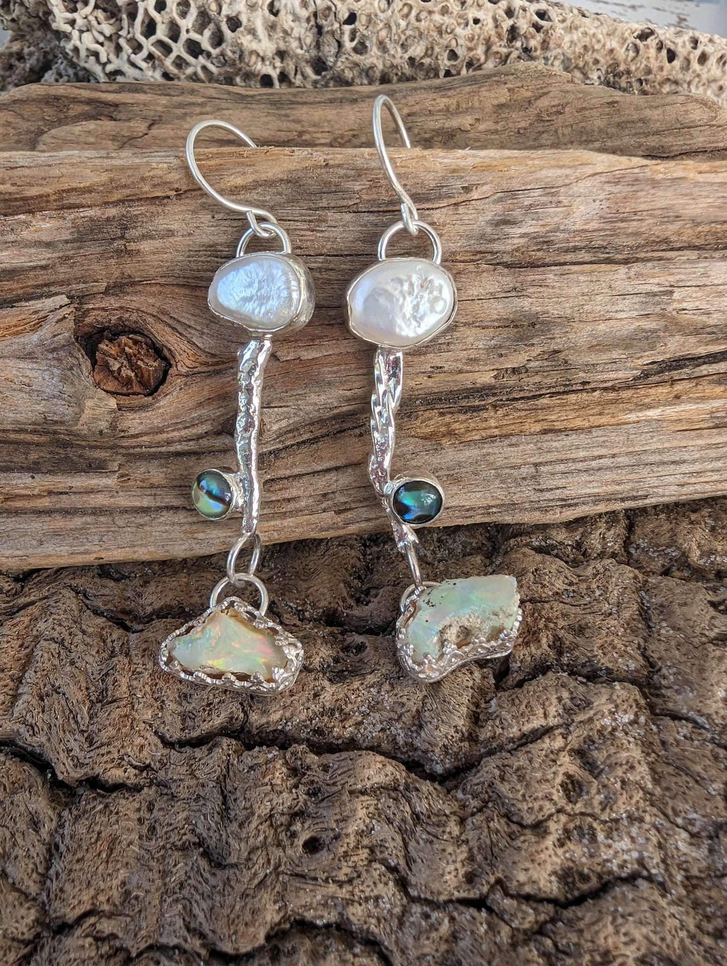 Artisan Primitive Bohemian Pearl, Abalone, Opal and Silver Dangle Earrings