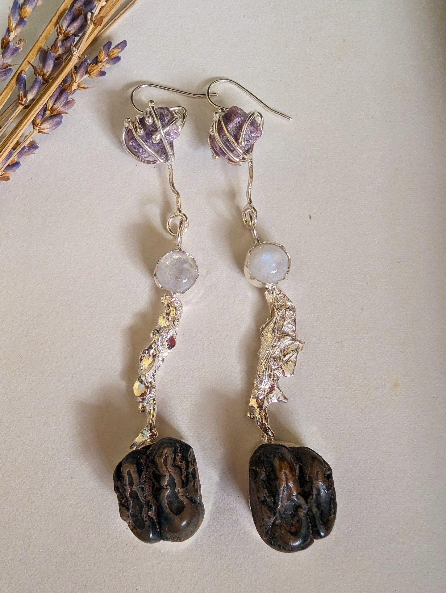 Funky Long Dangle Earrings, Urban Archaeology Sterling Silver, Raw Ruby, Rainbow Moonstoon and Manatee Tooth Fossils