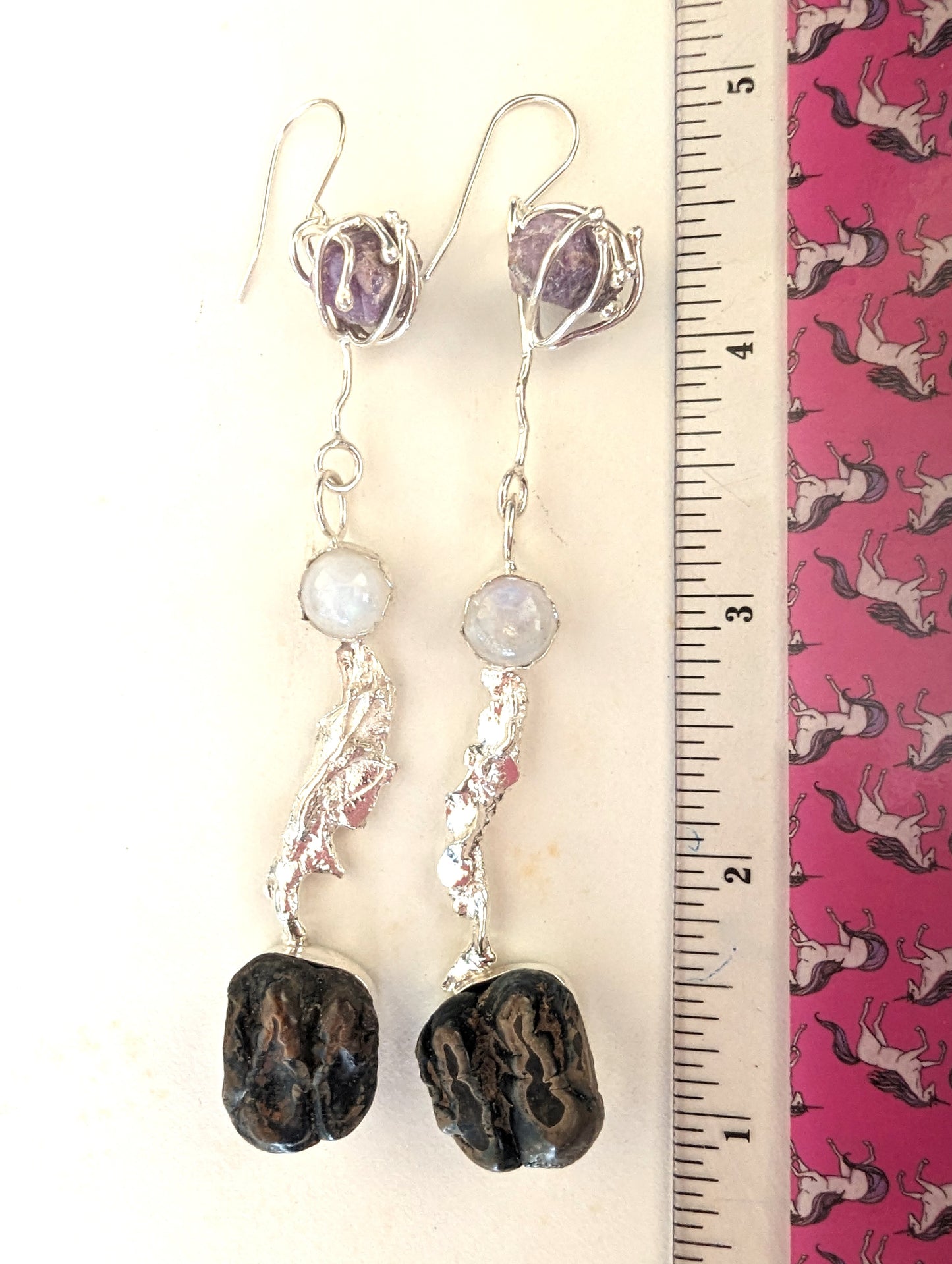 Funky Long Dangle Earrings, Urban Archaeology Sterling Silver, Raw Ruby, Rainbow Moonstoon and Manatee Tooth Fossils