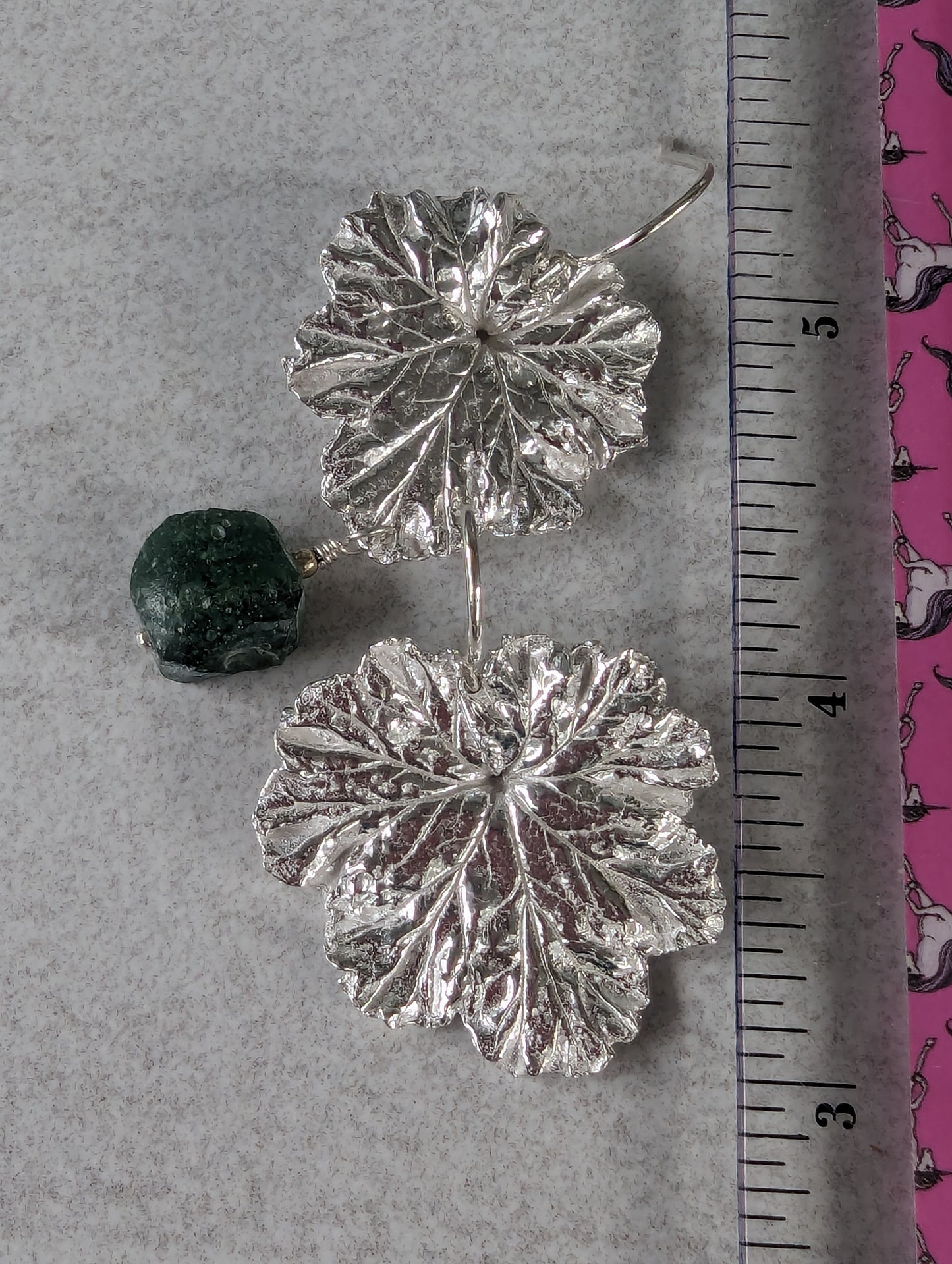 Silver Geranium Leaf Earrings with Green Roman Glass