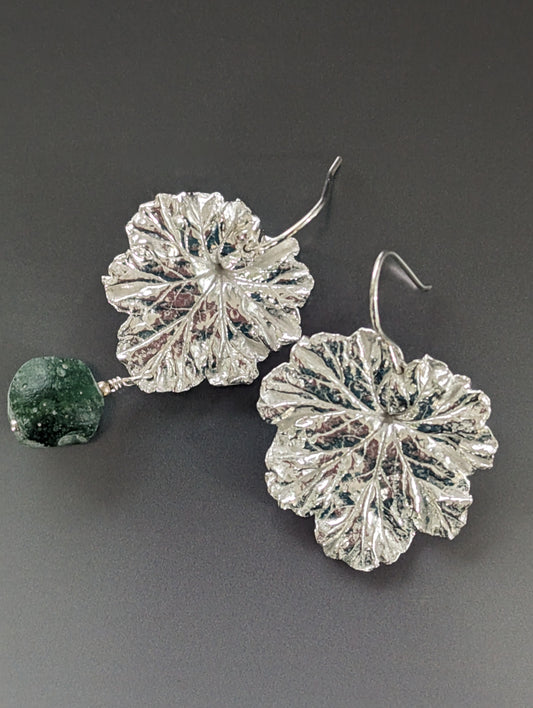 Silver Geranium Leaf Earrings with Green Roman Glass