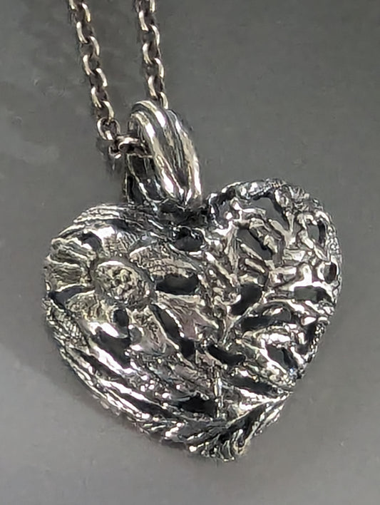 Silver Heart Pendant, Pierced Floral Bubble Heart