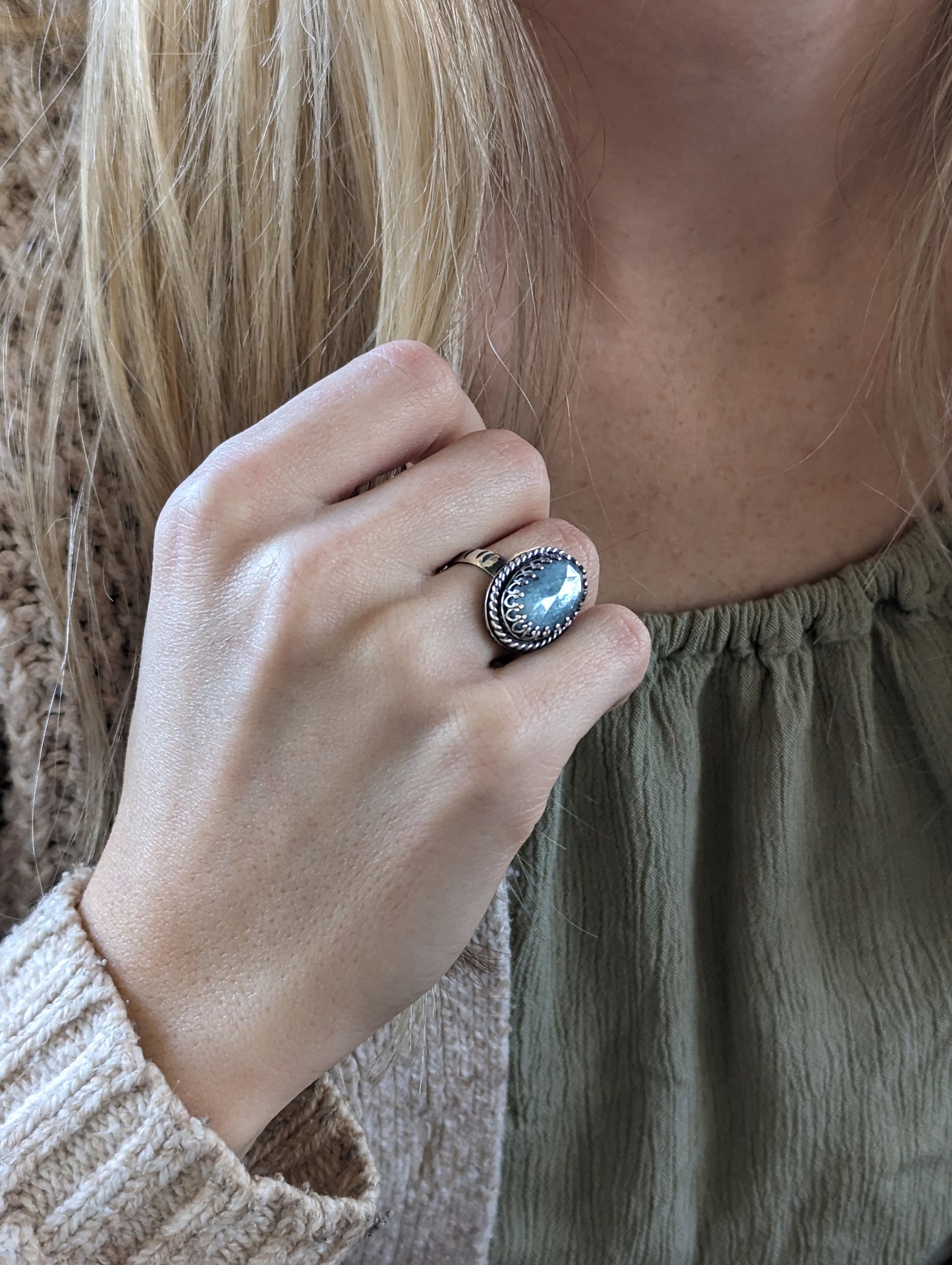 Sparkly Moss Kyanite and Sterling Silver Ring