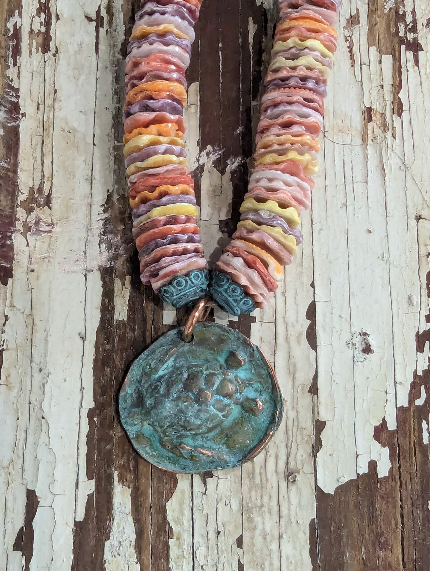 Sea Turtle Pendant with Colorful Spiny Oyster and Leather Cord, Handmade Copper Pendant, Leather Necklace